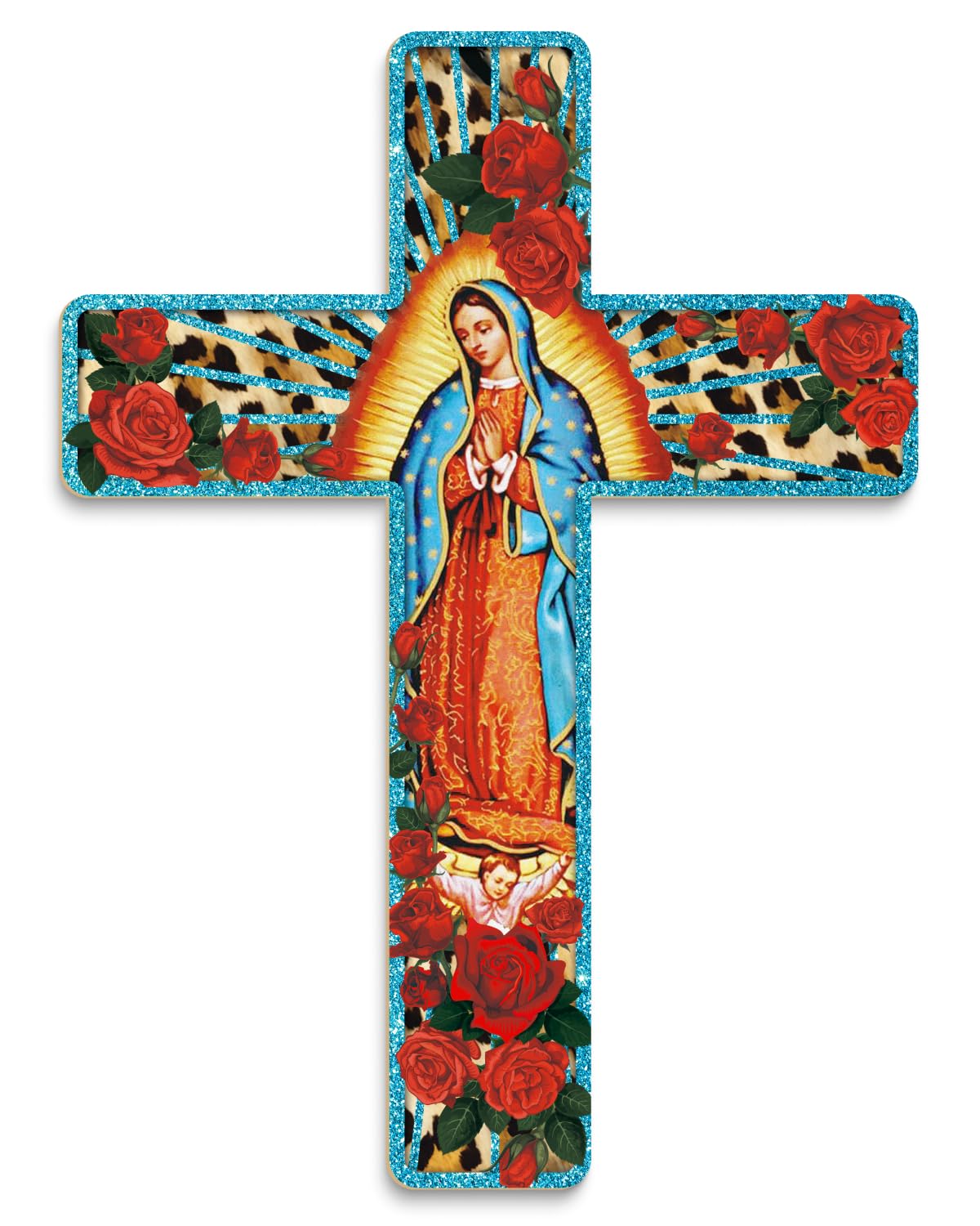 Putuo Decor Floral Cross Wall Decor Painted Decorative Wooden Inspirational Cross Spanish Style Wall Cross Decor Mexican Art Wall Decor Crucifix for Home Room Church Decoration