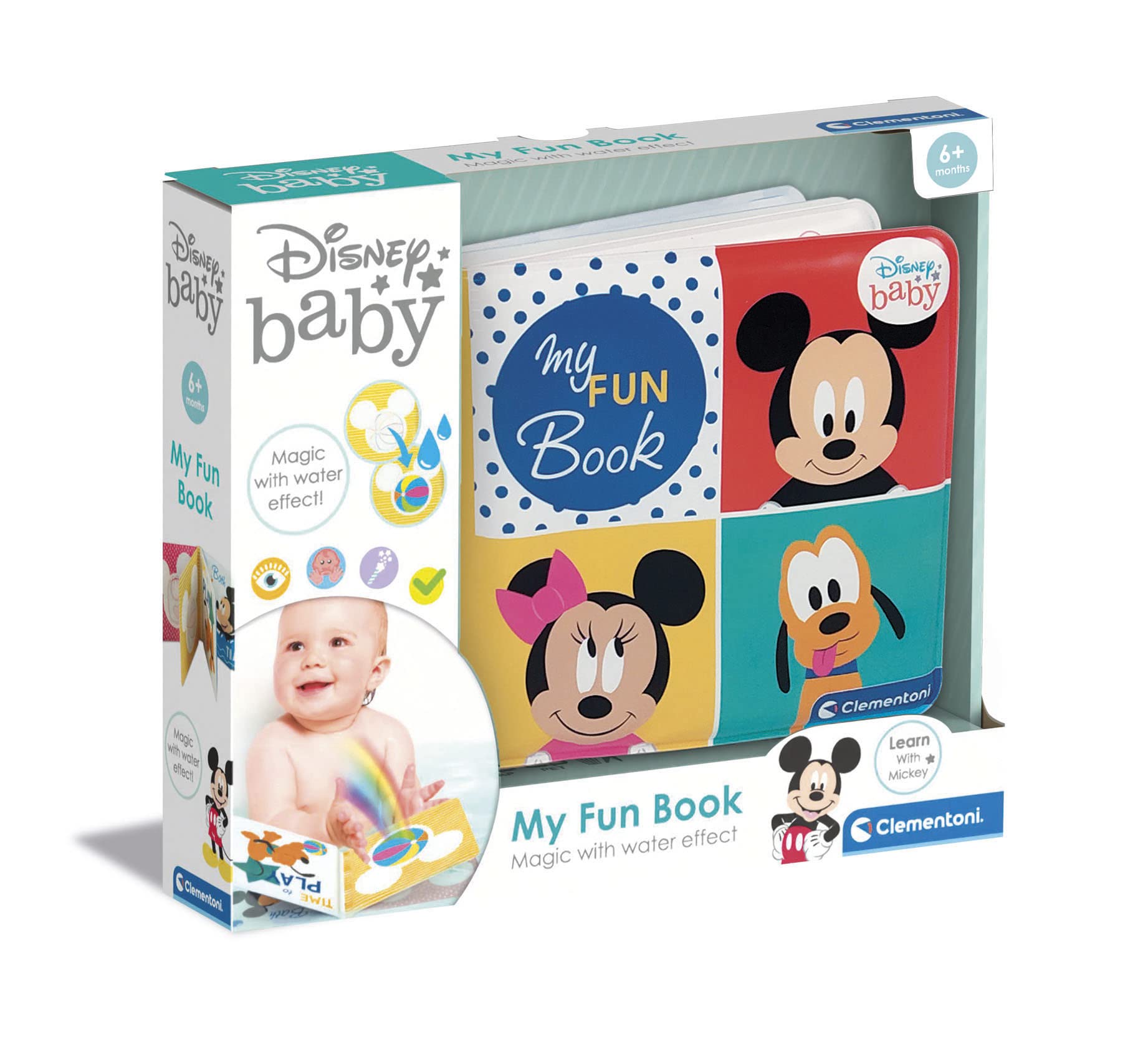 Clementoni - 17720 - Disney Baby My Fun Book - Libro Neonati, Gioco Bambini 6 Mesi, libricino Impermeabile Ideale per Bagnetto, 100% Lavabile in Lavatrice