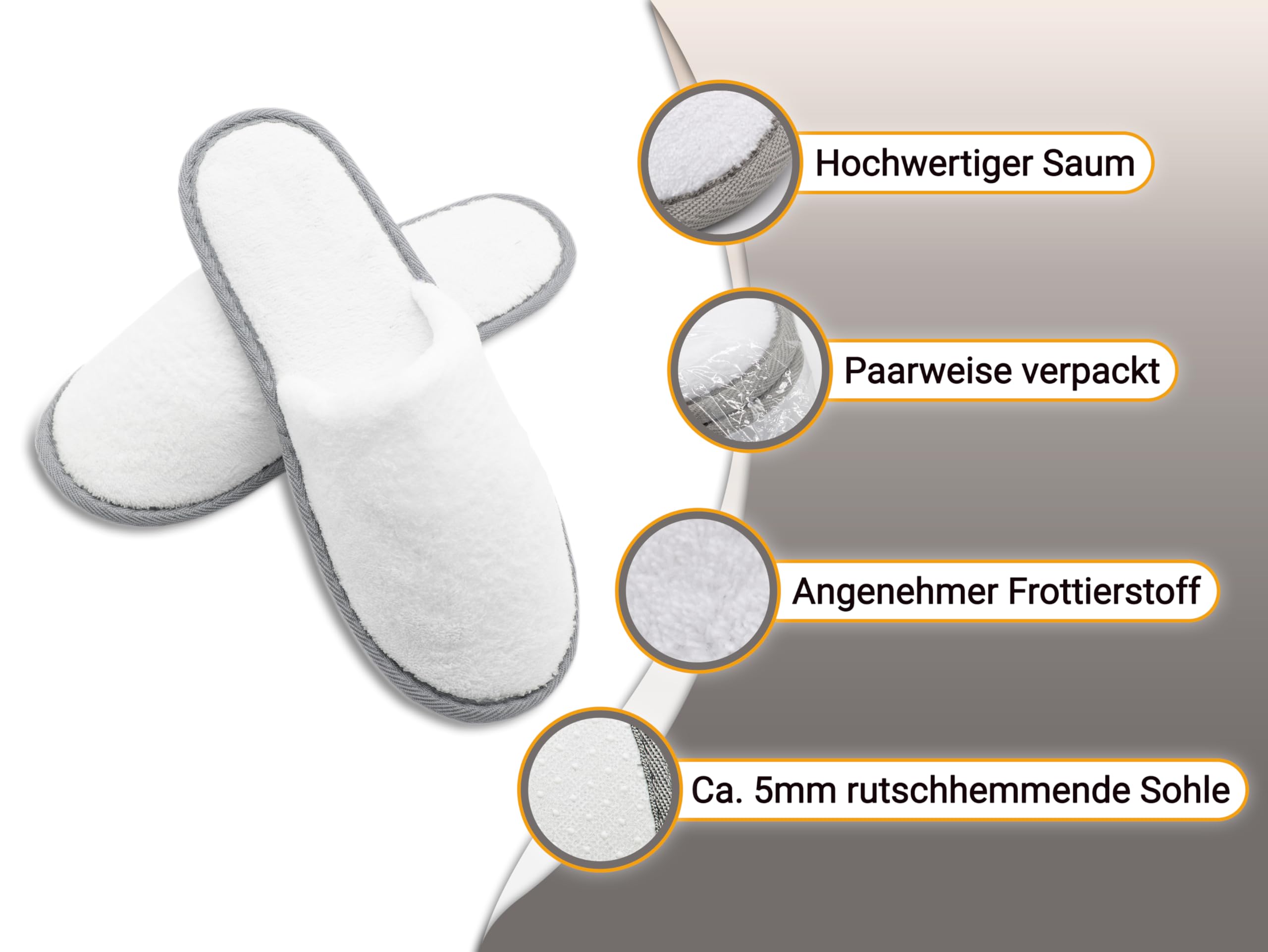 ZOLLNER Einwegslipper in weiß mit grauem Rand - Frottierslipper für Reise, Spa und Zuhause - rutschhemmende Noppensohle - geschlossene Spitze - Einheitsgröße - Hotelqualität, 506