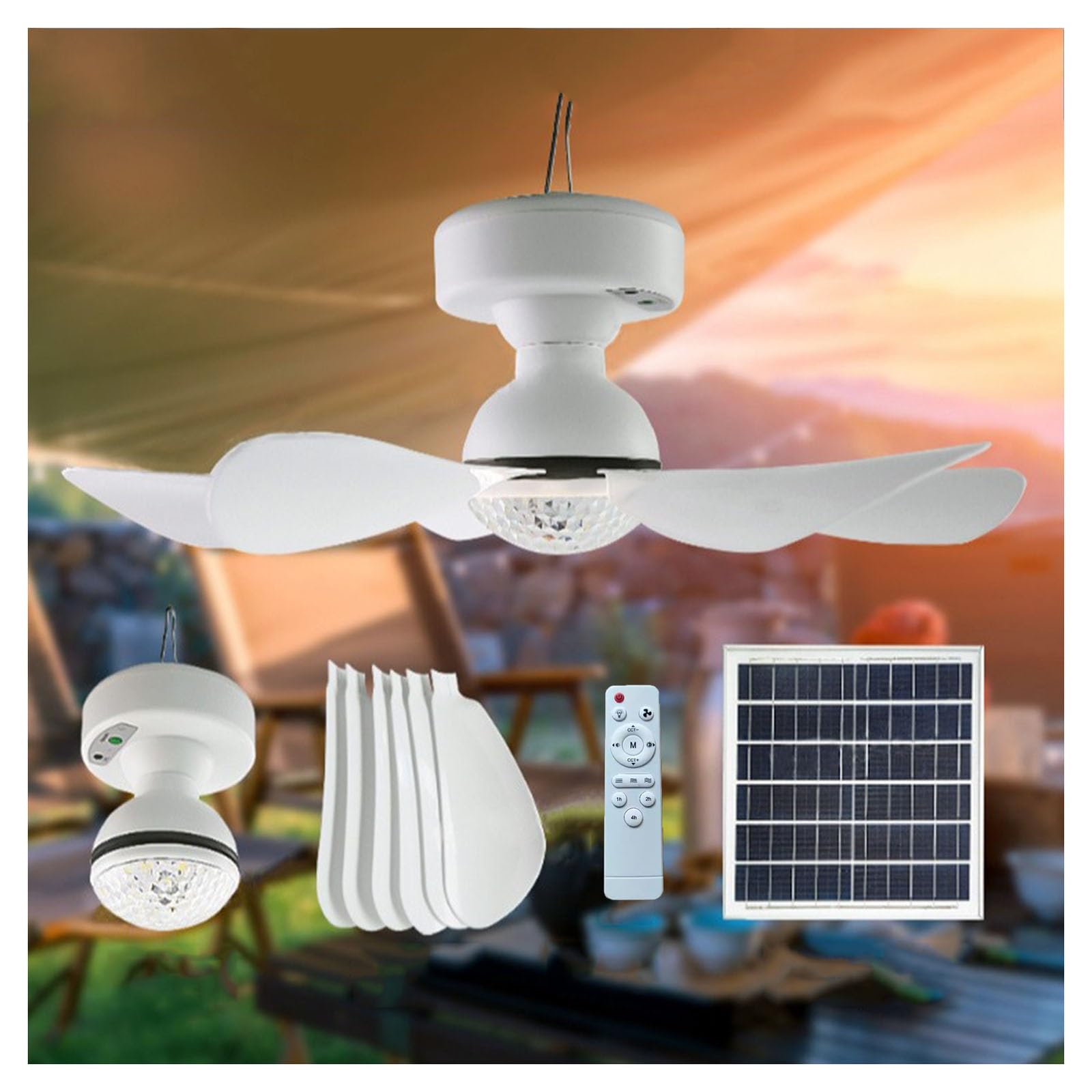 Ventilatore Solare Light per Campeggio All'aperto Ventilatore da Soffitto Staccabile con Telecomando Luce Regolabile a Tre Velocità Ventilatore + Luce a Doppio Uso Utilizzabile per Illuminazione Nottu