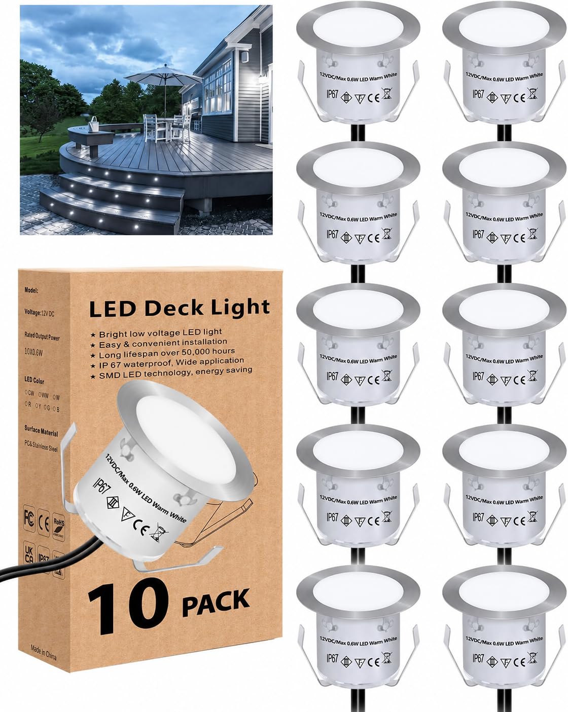 HIBOITEC 10PCS Decking Lights, 0.6W LED Deck Lights, Cool White Deck Lighting IP67 Waterproof, 12V Low Voltage Kitchen Plinth Lights for Yard, Garden Steps, Patio, Stair, Driveway
