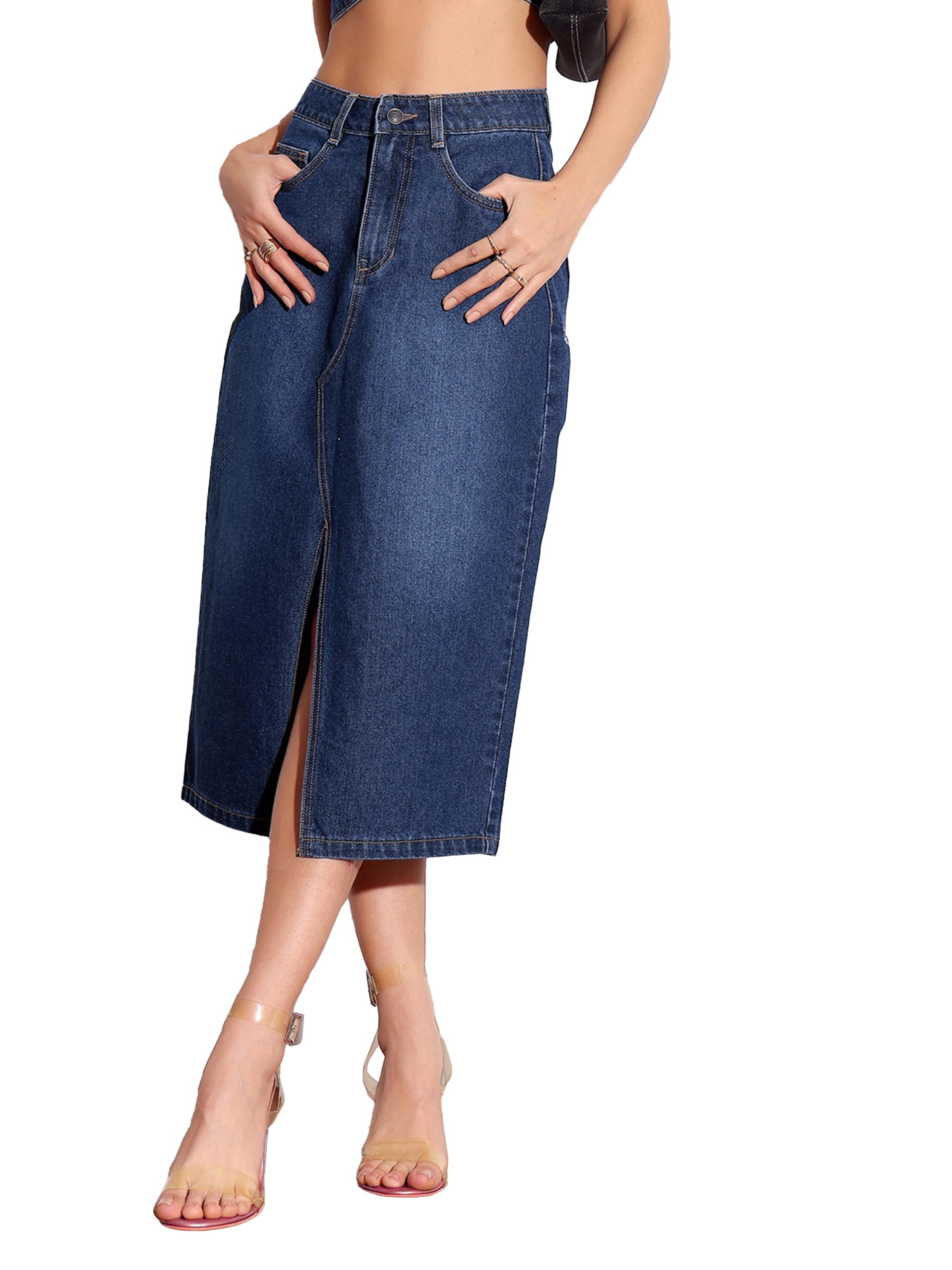 Miss Chase Gonna midi da donna in denim non elasticizzato a vita alta
