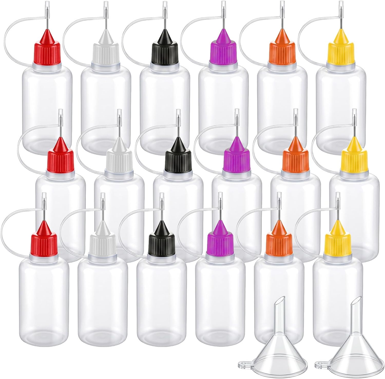 18Pcs Precision Tip Applicator Bottle with 2 Funnel, 10ML Needle Tip Glue Bottles, Glue Dispenser Precision Applicator Bottle for DIY Quilling Paper Craft Acrylic Painting, 6 Color Lids