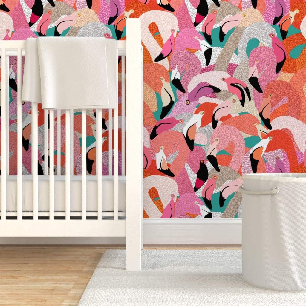 Peel & Stick Wallpaper 3ft x 2ft - Orange Pink Large Flamingo Bird Feathers Tropical Florida Coastal Collage Illustration Beach House Custom Removable Wallpaper by Spoonflower