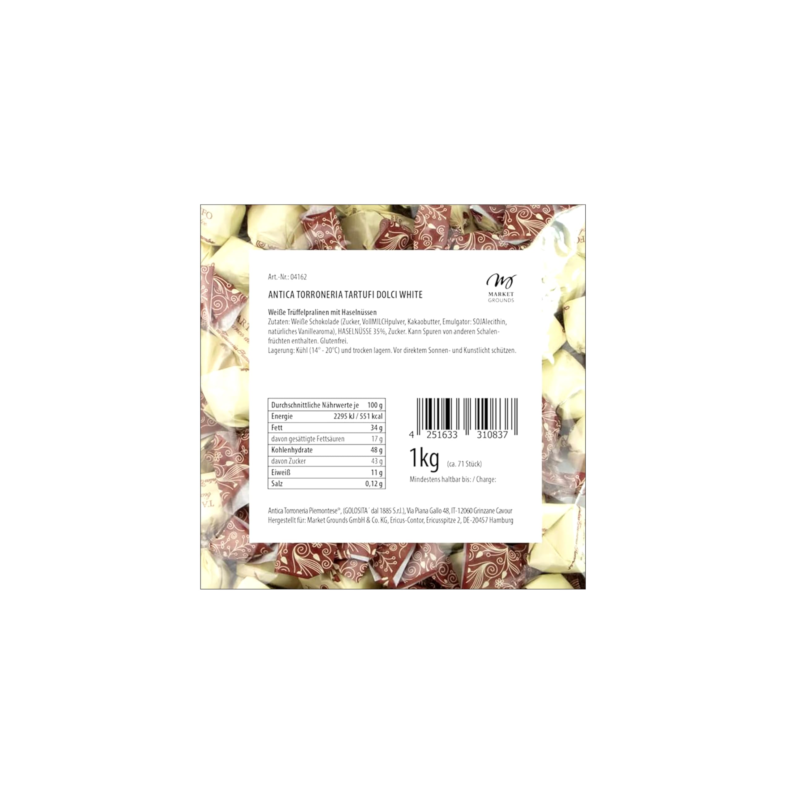 Antica Torroneria Piemontese Tartufi Dolci White, 1kg – Feinste exquisite Italienische Trüffelpralinen, Glutenfrei & Köstlich, Ideal als Edle Geschenkidee - 70 Stück, je 14g