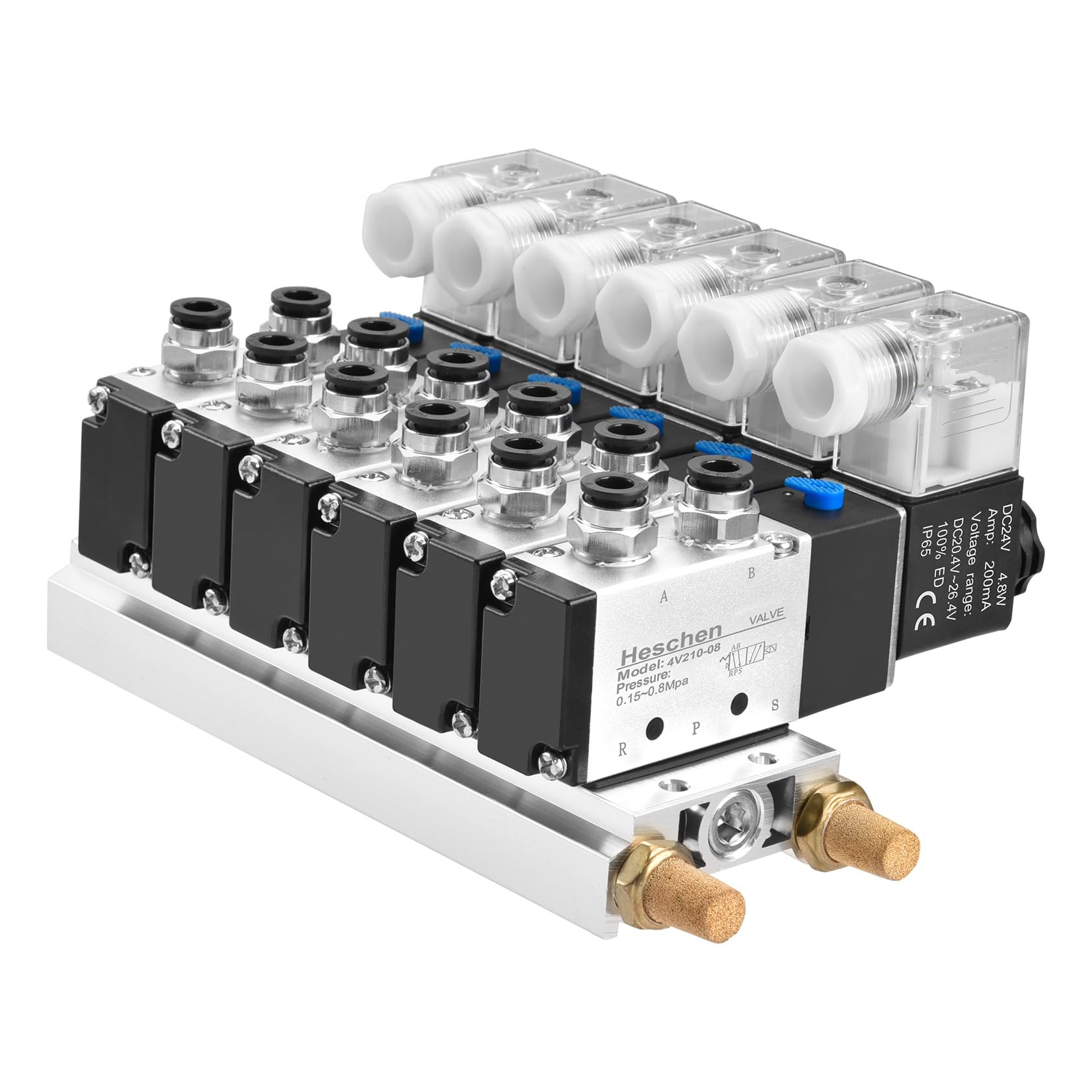 Heschen Electrical Pneumatic 6 Solenoid Valve, 4V210-08, DC24V Coil, PT1/4'' Port, 5 Way 2 Position, Manifold Base, Muffler, Quick Fittings Set