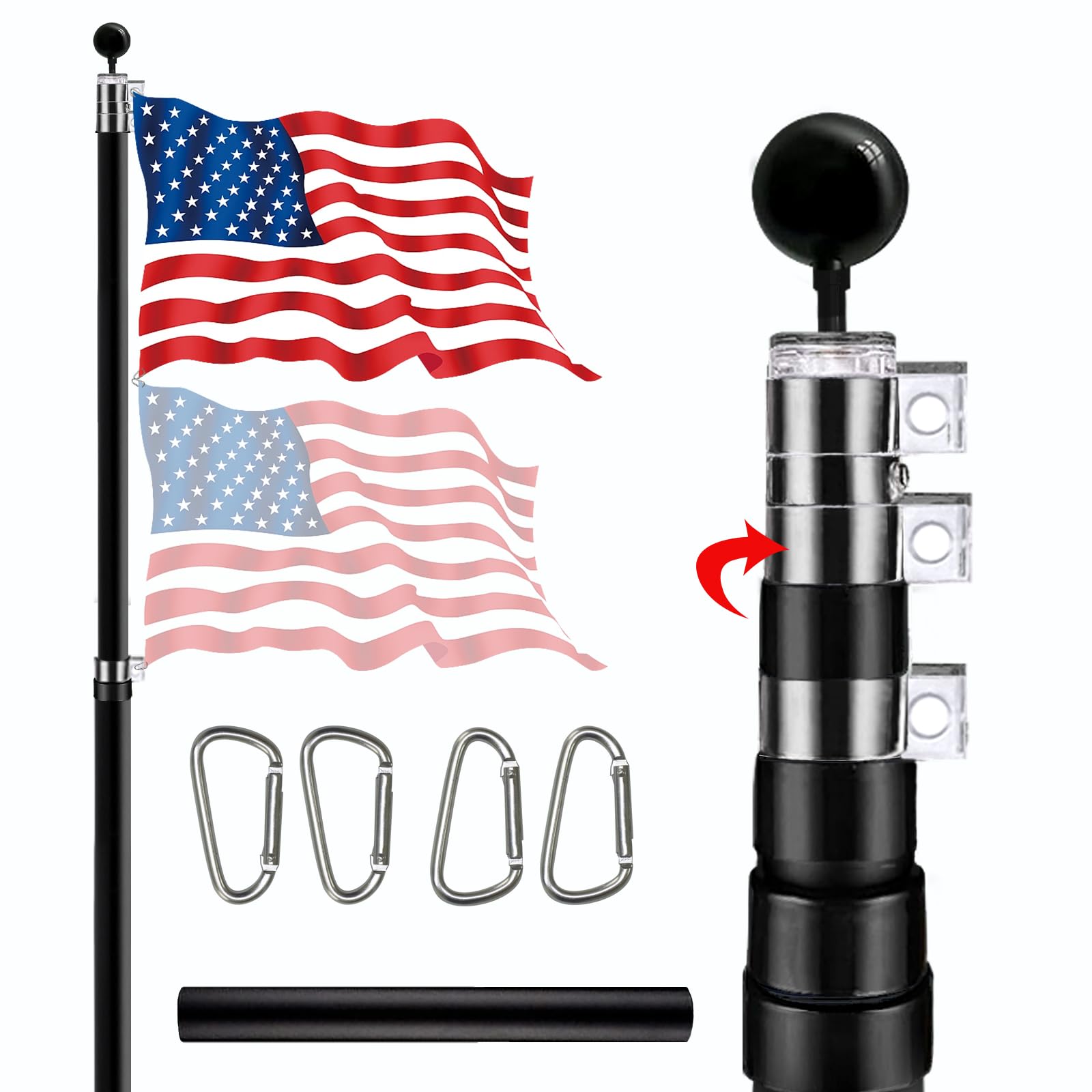 Photo 1 of 30FT Telescopic Flag Pole Kit for Outdoor in Ground, Extra Thick Black Telescoping Flagpole with 3X5FT US Flag Golden Ball Finial for Residential or Commercial with Dual Flag Fly