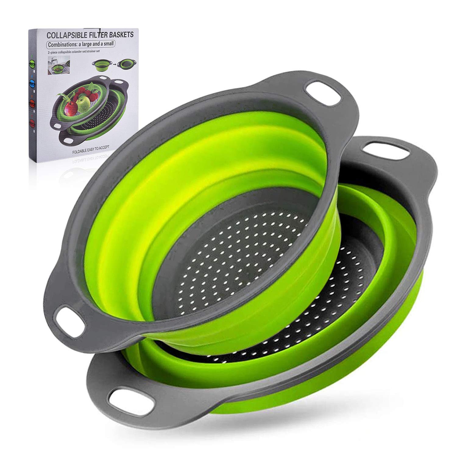 Colador Cocina, 2 Escurridor Plegable de Silicona con Asa, para Lavar Frutas y Verduras, 2 Tamaños, con Caja de Color