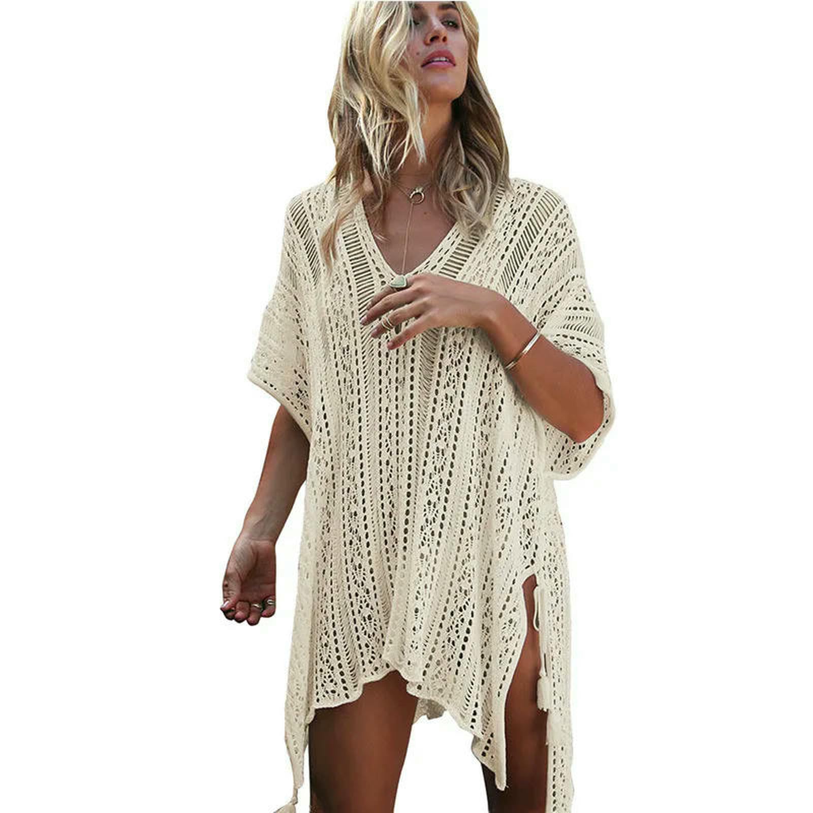 Abito da Spiaggia Donne Bikini Copertura Cavo-out Maglia all'Uncinetto Kaftan Estivo Costume Bagno Costumi Bagno-Grigio-Una Taglia