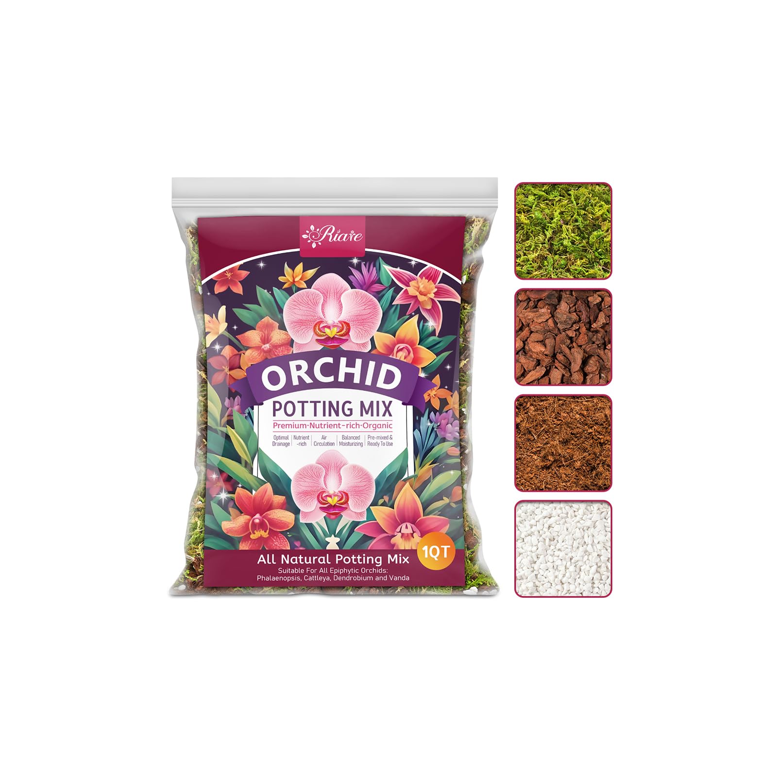 Riare Orchid Potting Mix for Repotting- 1L Orchid Repotting Kit Include Moss, Pine Bark, Perlite, Coco Peat- Premium Orchid Soil Medium for Indoor Potted Plants Root Ventilation & Expanding