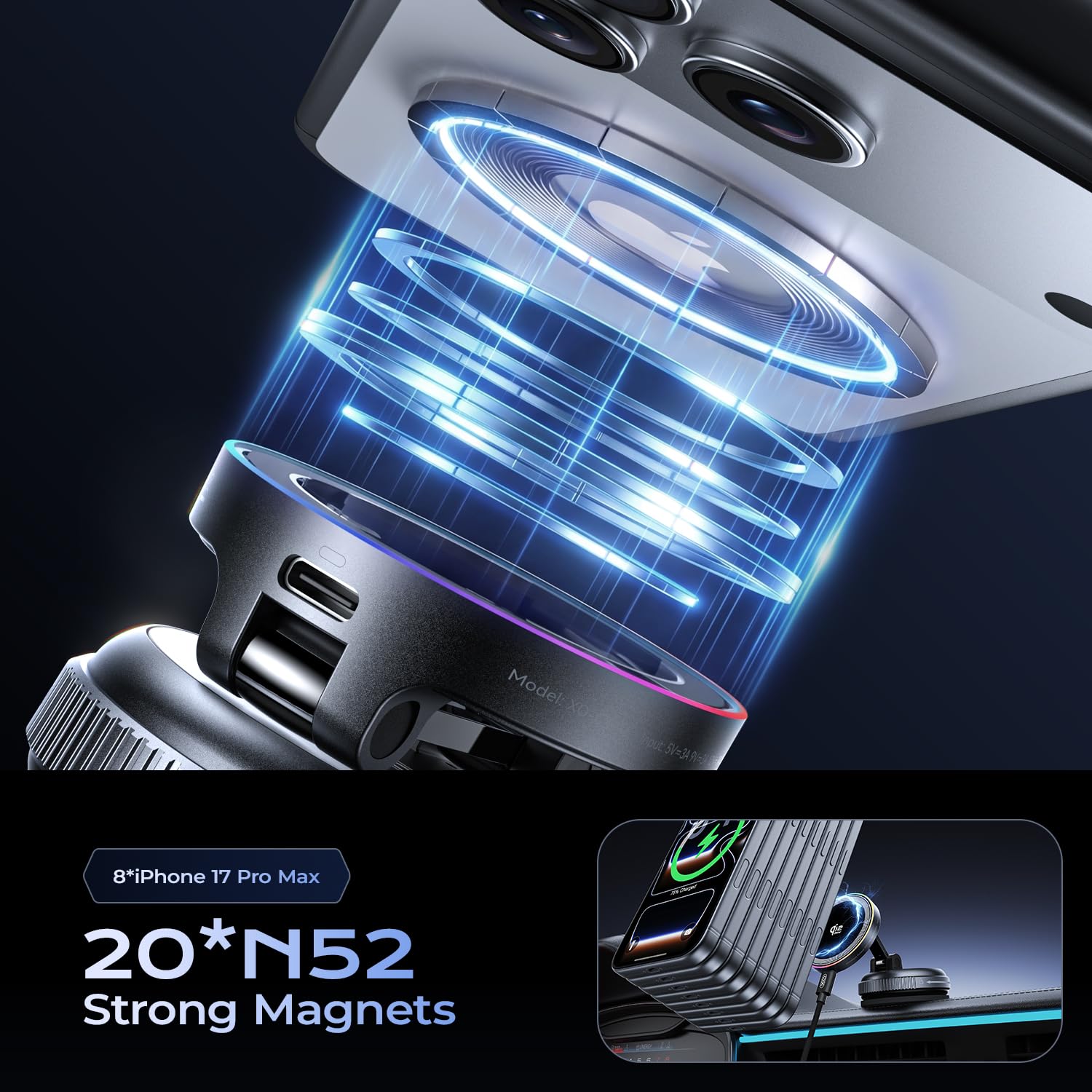 Qi2.2 - Cargador magnético para coche, soporte de carga inalámbrica rápida de 25 W con luz RGB, soporte de teléfono con ventosa giratoria de 360° para tu coche, compatible con iPhone 12-17, S26/S25