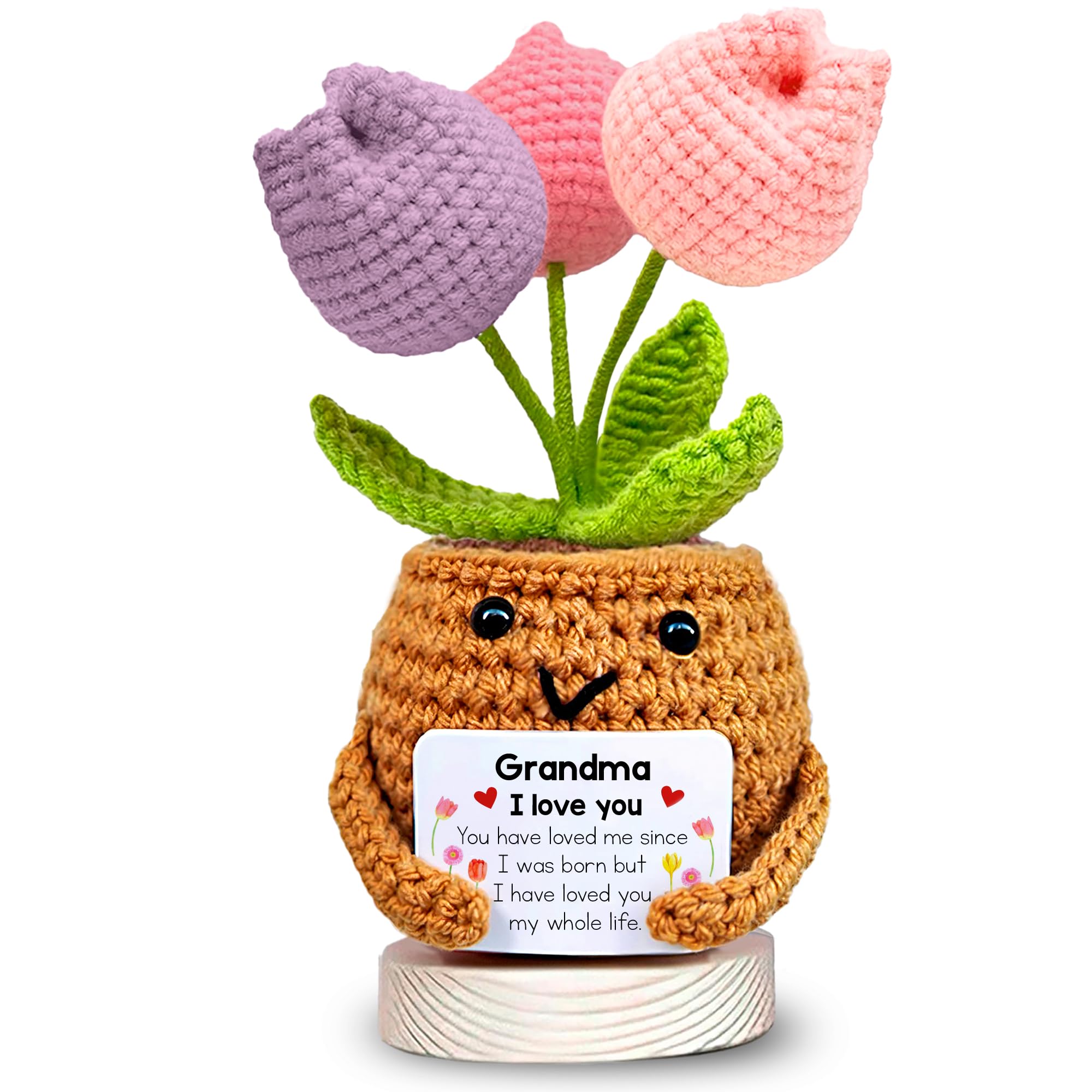 VELENTI Grandma Gift from Grandchild Crochet Tulip Plant with Heartfelt Message Card, Handmade Knitted Flower Pot Decoration, Grandma Birthday Gift, for Grandma, Cute Desk Ornament