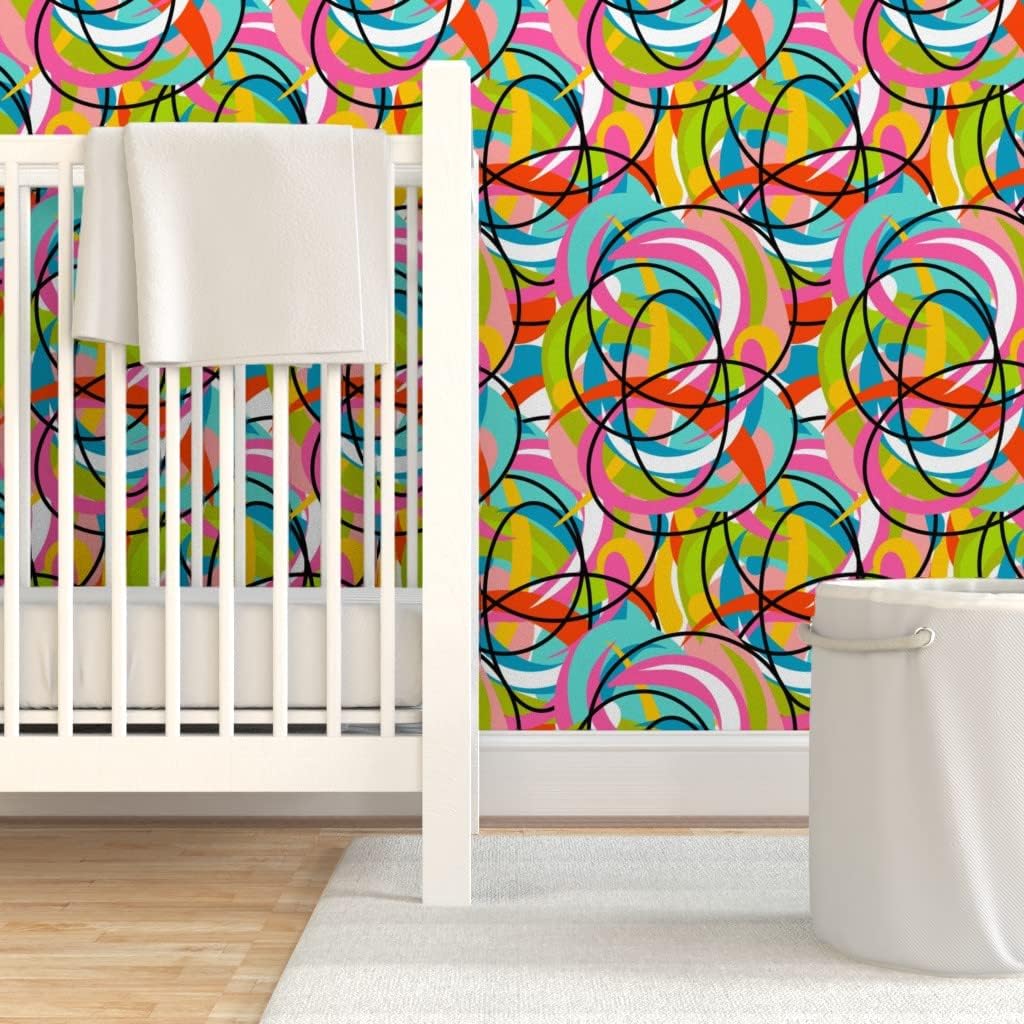 Spoonflower Peel & Stick Wallpaper 3ft x 2ft - Mod Modern Graffiti Swirl Summer Groovy Happy Custom Removable Wallpaper