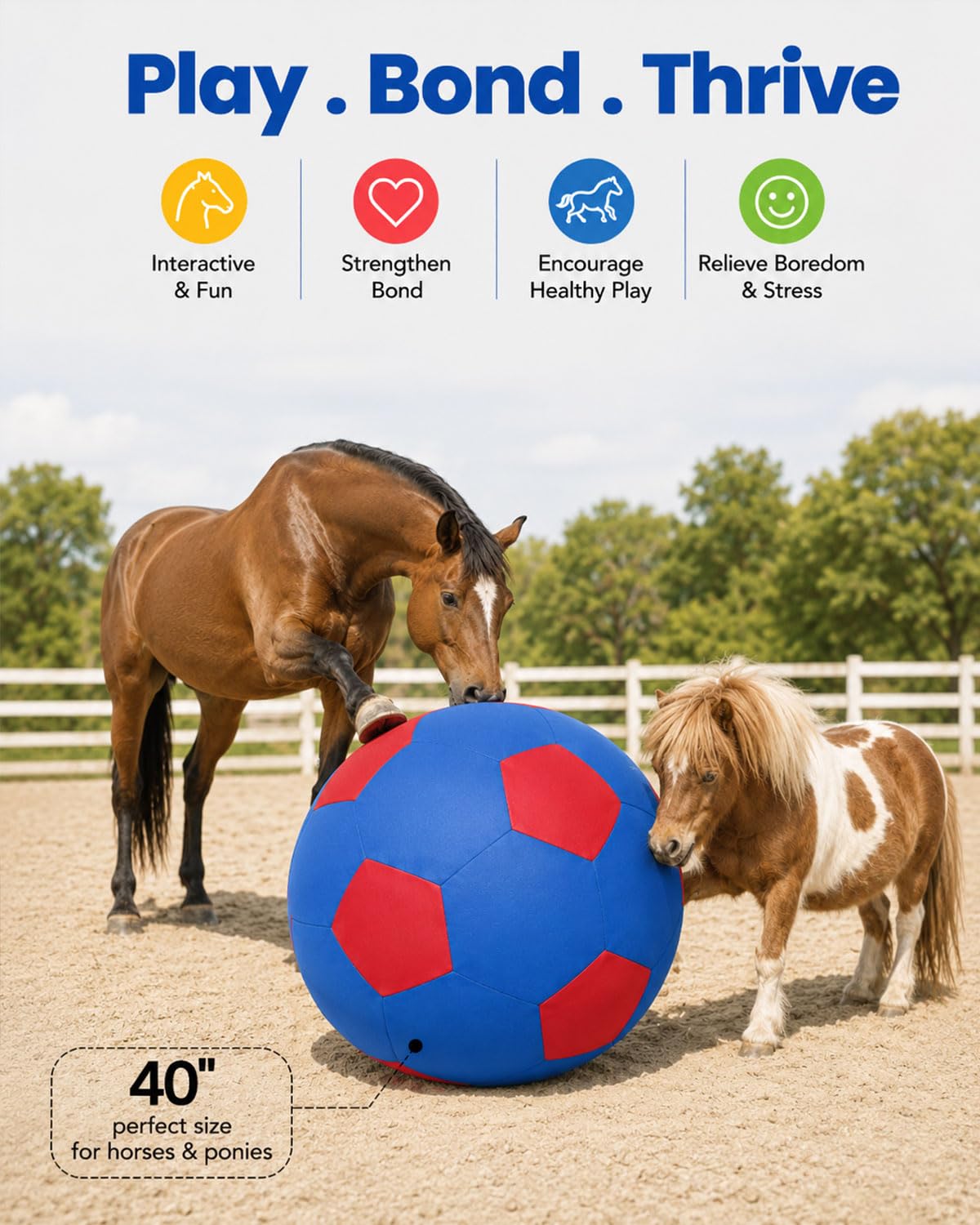 ANC POP Palla da pastore per cavallo, palla e copertura per palla, 101,6 cm, grande con pompa a mano, per giocare, pastore, palla da pastore, giocattolo per cavalli, blu e rosso
