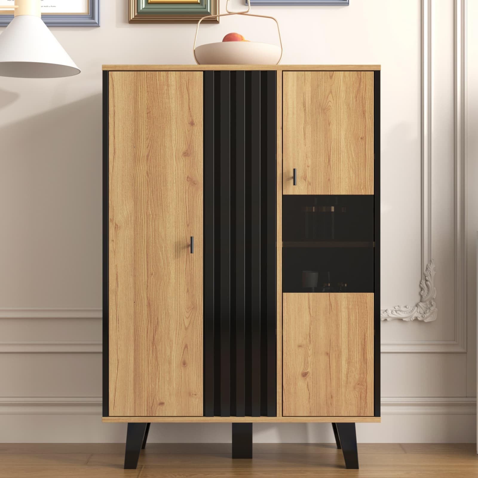 KOMHTOM Buffet noir et bois avec 4 grandes étagères, vitrine avec verre et lumières LED, armoire multifonction pour salon, chambre, couloir et salle à manger (A)