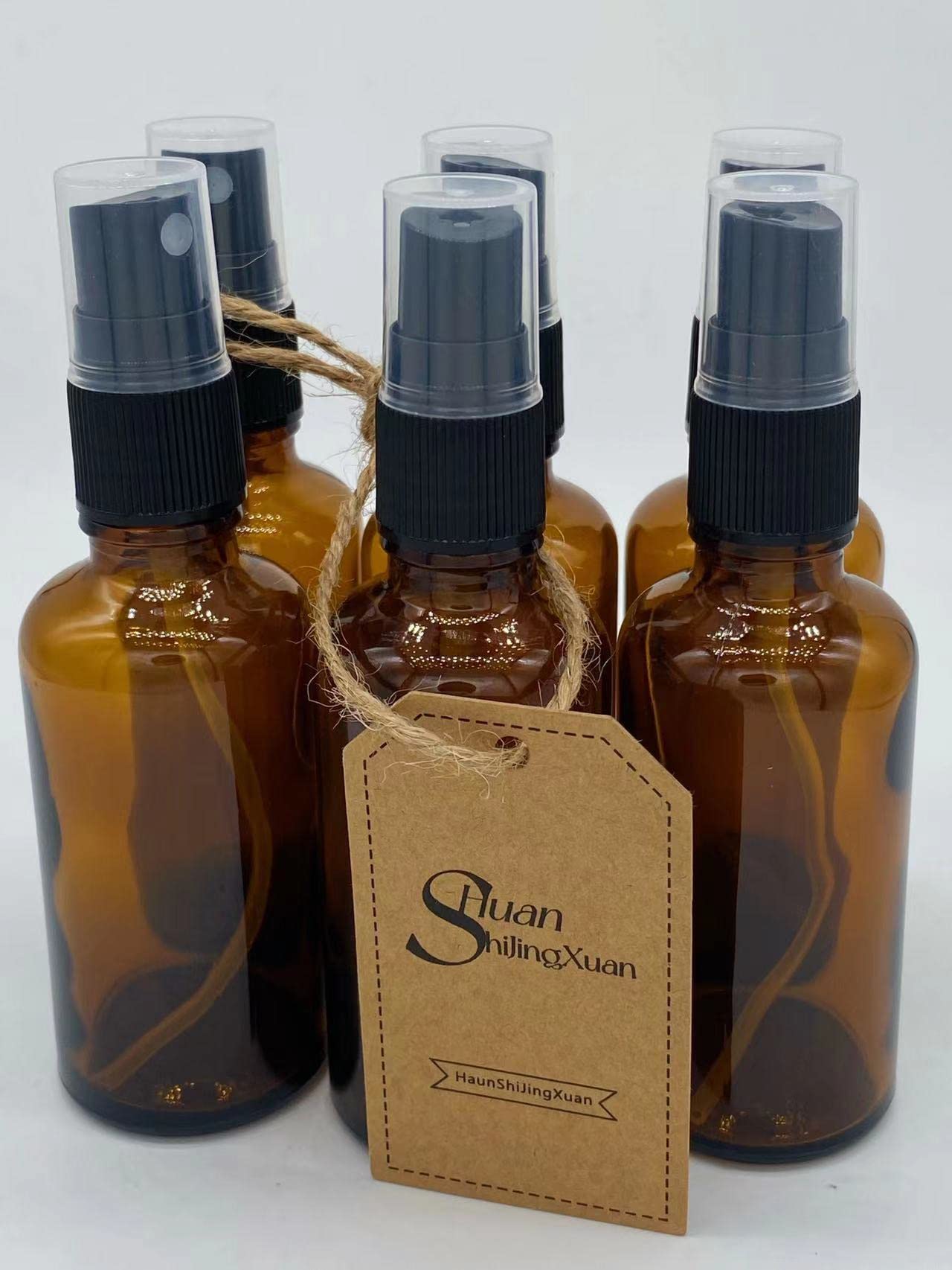 6 Pack Empty Amber Glass Spray Bottles, Refillable Containers for Essential Oils, Cleaning Products, Aromatherapy, Durable Black Trigger Sprayer Fine Mist (50ml)