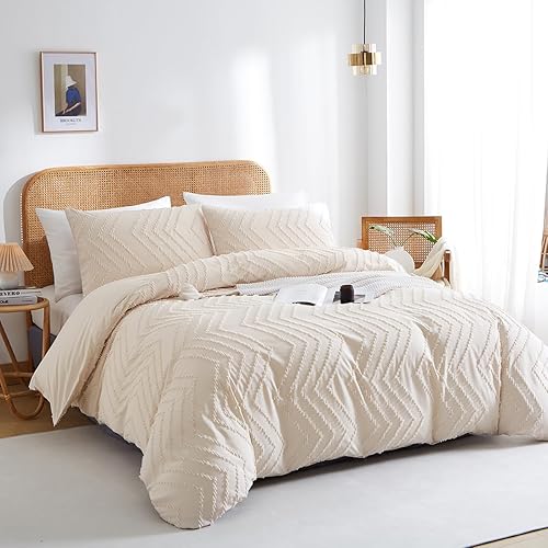 Nayoroom Juego de funda de edredón bohemia, tamaño Queen, color beige, con textura de cheurón, juego de ropa de cama de 3 piezas de microfibra