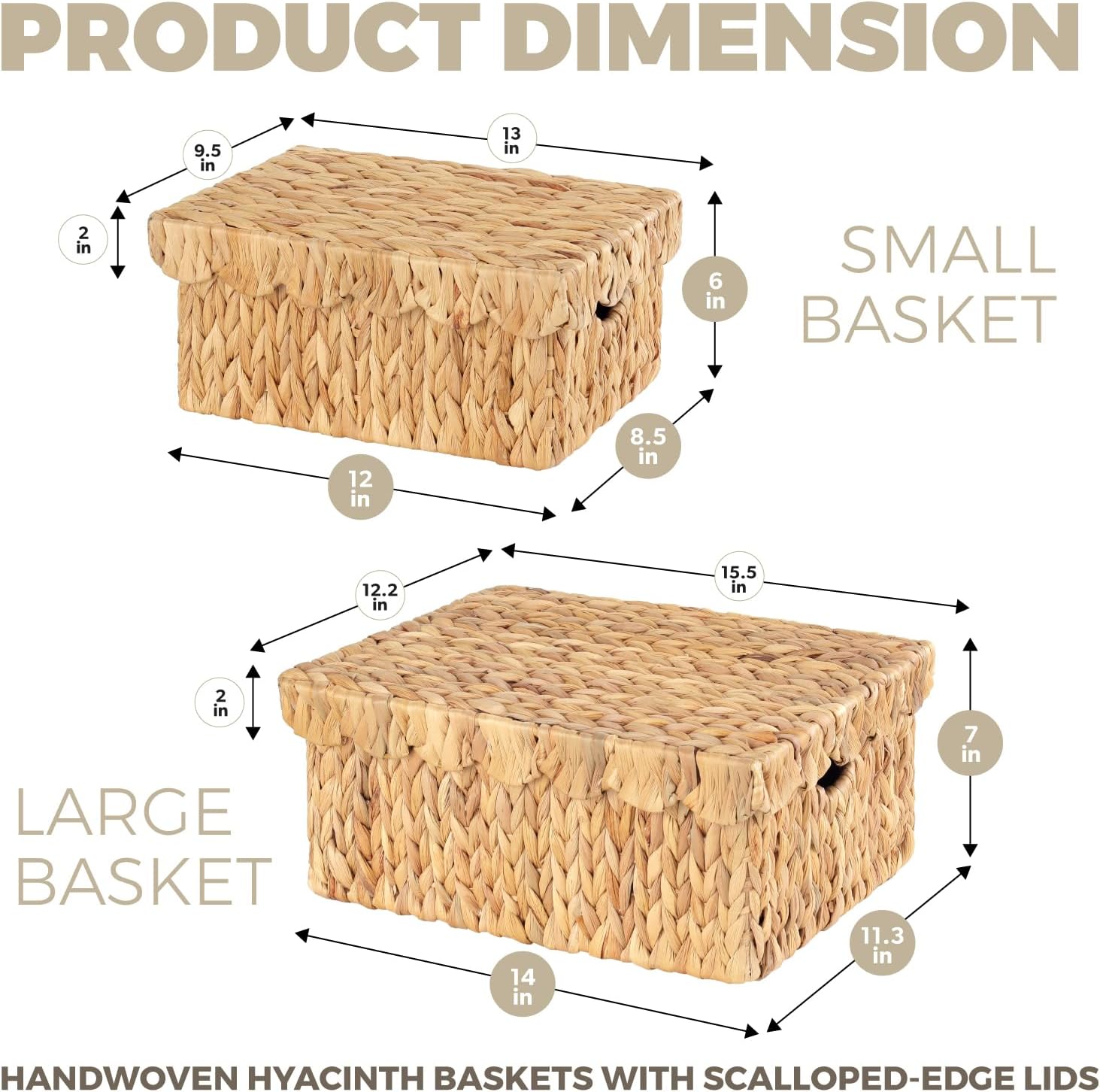 2pcs Hand Woven Water Hyacinth Scallopped Baskets with Lid, Small Hyacinth Basket, Decor Wicker Storage Basket, Storage Basket for Living Room, Bathroom, Bedroom, Food, Bread, Picnic