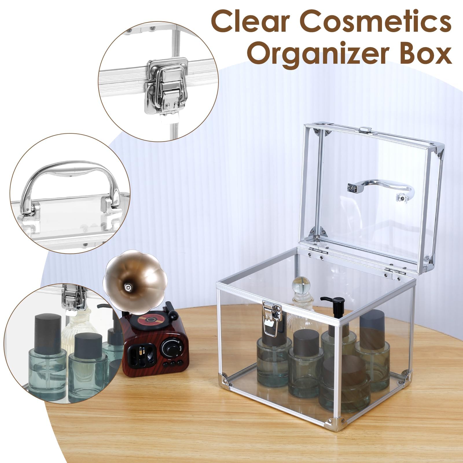 ,Plata,Caja de Belleza, Estuche Transparente para cosméticos, Caja de Maquillaje con asa, Caja organizadora de artículos de tocador, Herramientas de Maquillaje de Viaje para tocador, tocador de baño
