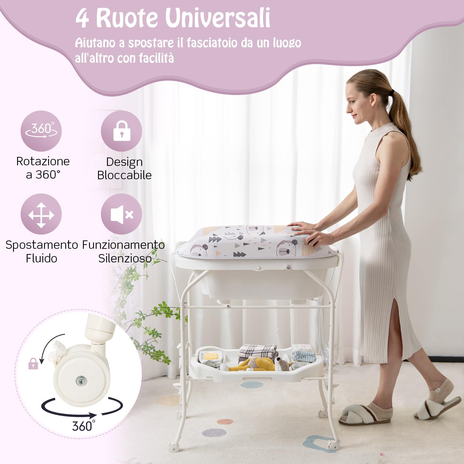 RELAX4LIFE 2 in 1 Fasciatoio con Vaschetta Bagnetto per Neonato, Fasciatoio Pieghevole con 4 Ruote Bloccabili, Bagnetto per Neonati 0-12 Mesi, Carico 15KG (Bianco)