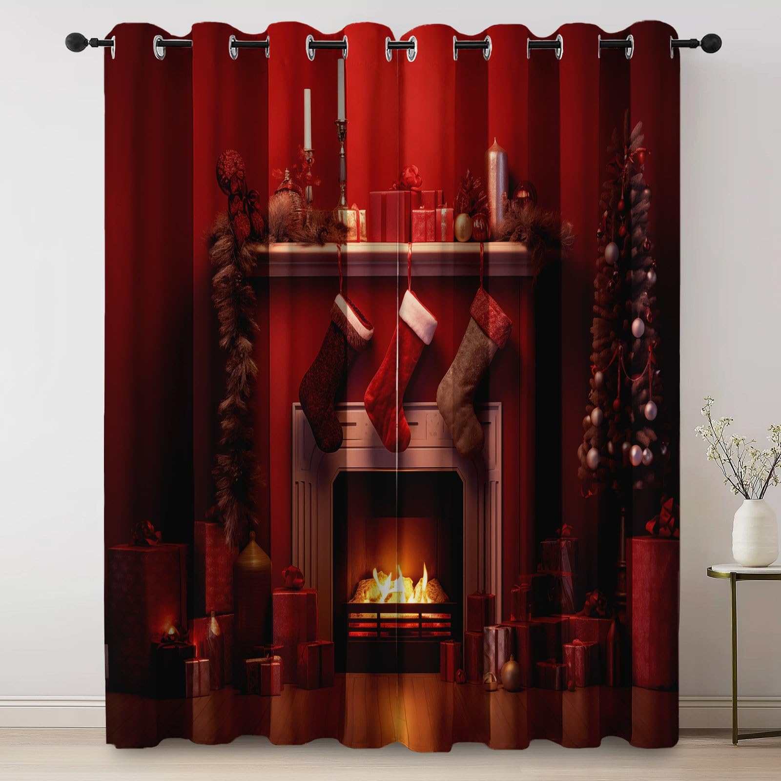 Nieprzezroczyste zasłony, czerwone, na przelotkach, na Boże Narodzenie, na choinkę, na kominek, z nadrukiem, wys. 245 x szer. 135 cm (2 sztuki) termoizolacyjne zasłony zaciemniające do sypialni