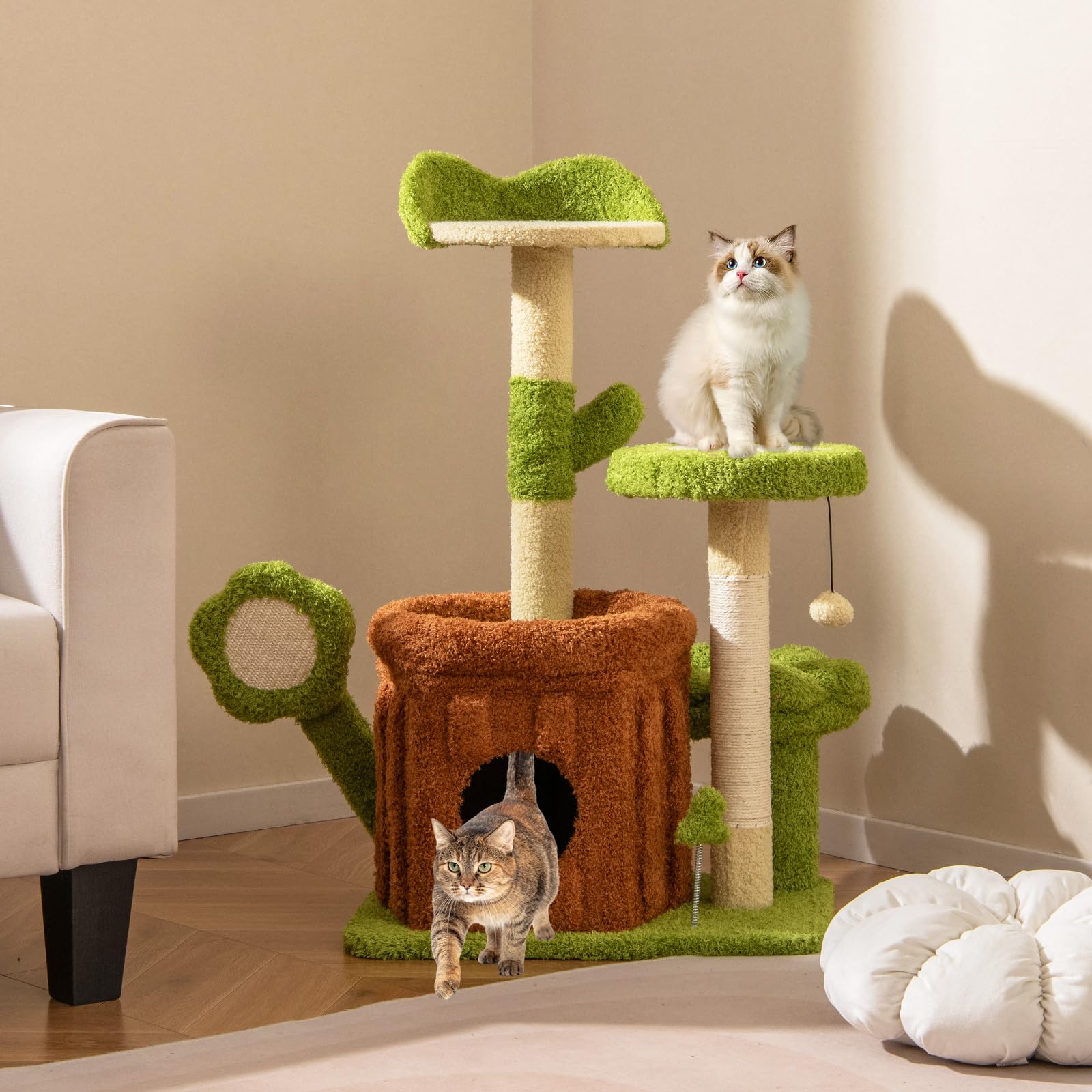 GYMAX Torre Albero per Gatti da Interno, Gioco Multi-Livello per Animali con Piattaforma, Condominio, Tavolette per Graffiare a Petalo, Pali Graffianti in Sisal, Palline Pendenti