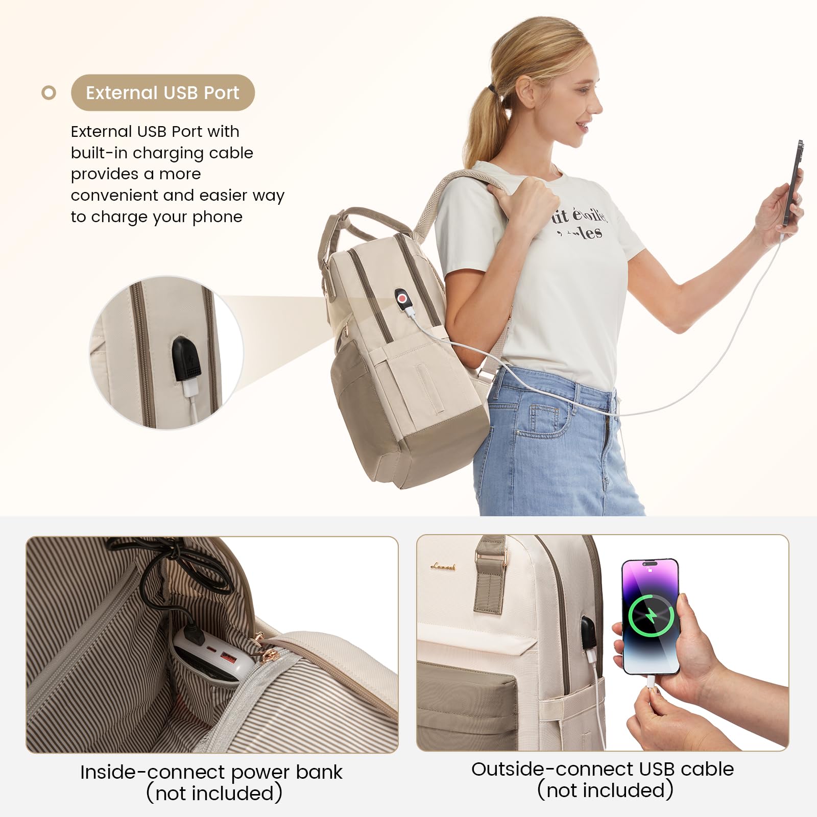 Mochila para laptop para mujer, bonita mochila para laptop con puerto USB, mochila de viaje impermeable, Caqui - Beige, Mochila para laptop 4