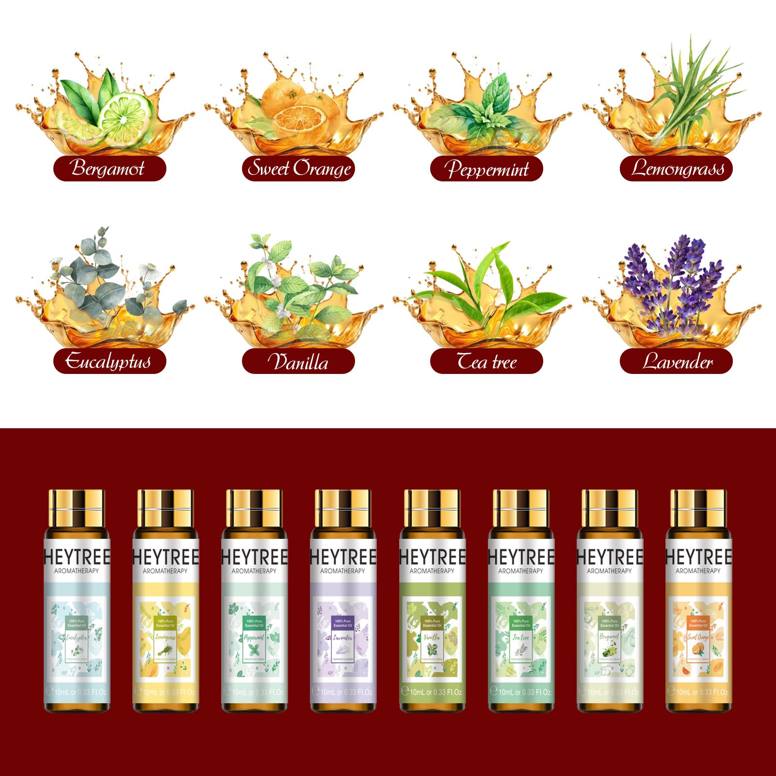 Aceites Esenciales Set 8 x 10ml, Aceites Puros de Aromaterapia Natural - Lavanda, Eucalipto, Árbol de Té, Vainilla, Menta, Hierba de Limón, Bergamota, Naranja