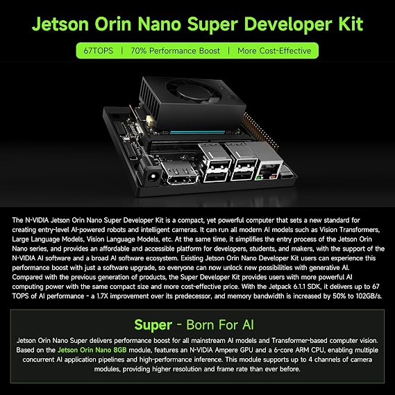 مجموعة تطوير الذكاء الاصطناعي الفائق Jetson Orin Nano من Waveshare للأنظمة المضمنة والحافة، مع وحدة Jetson Orin Nano بسعة ذاكرة 8 جيجابايت، وحزمة مع هيكل من سبائك الألومنيوم وبطاقة NIC لاسلكية AC8265