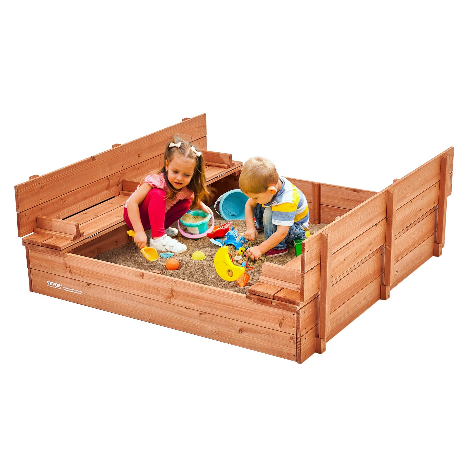 VEVOR Wooden Sandbox 52.4''x47.2''x16.9'', Sandpit with Foldable Bench Seats and Bottom Liner, Natural Wood, Gift for Ages 3-12 Years Old Backyard Garden Easy Assembly