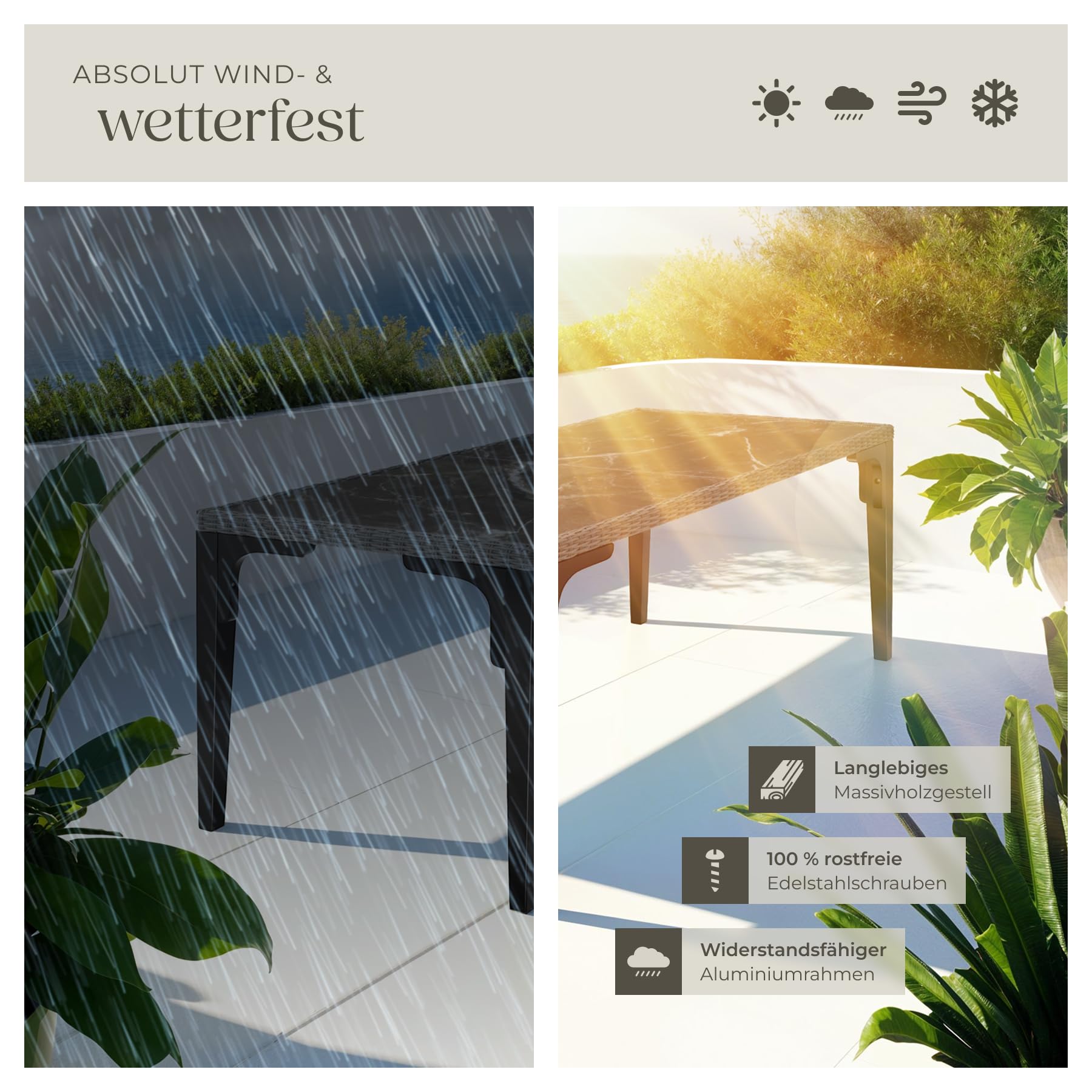 tectake® Alu Rattan Tisch, Esstisch für Outdoor Küche, Terrasse, Wohnzimmer mit Tischplatte in Marmor Optik, Gartentisch, Balkontisch 196 x 87 x 76 cm, 2 abnehmbare Platten, wetterfest - grau