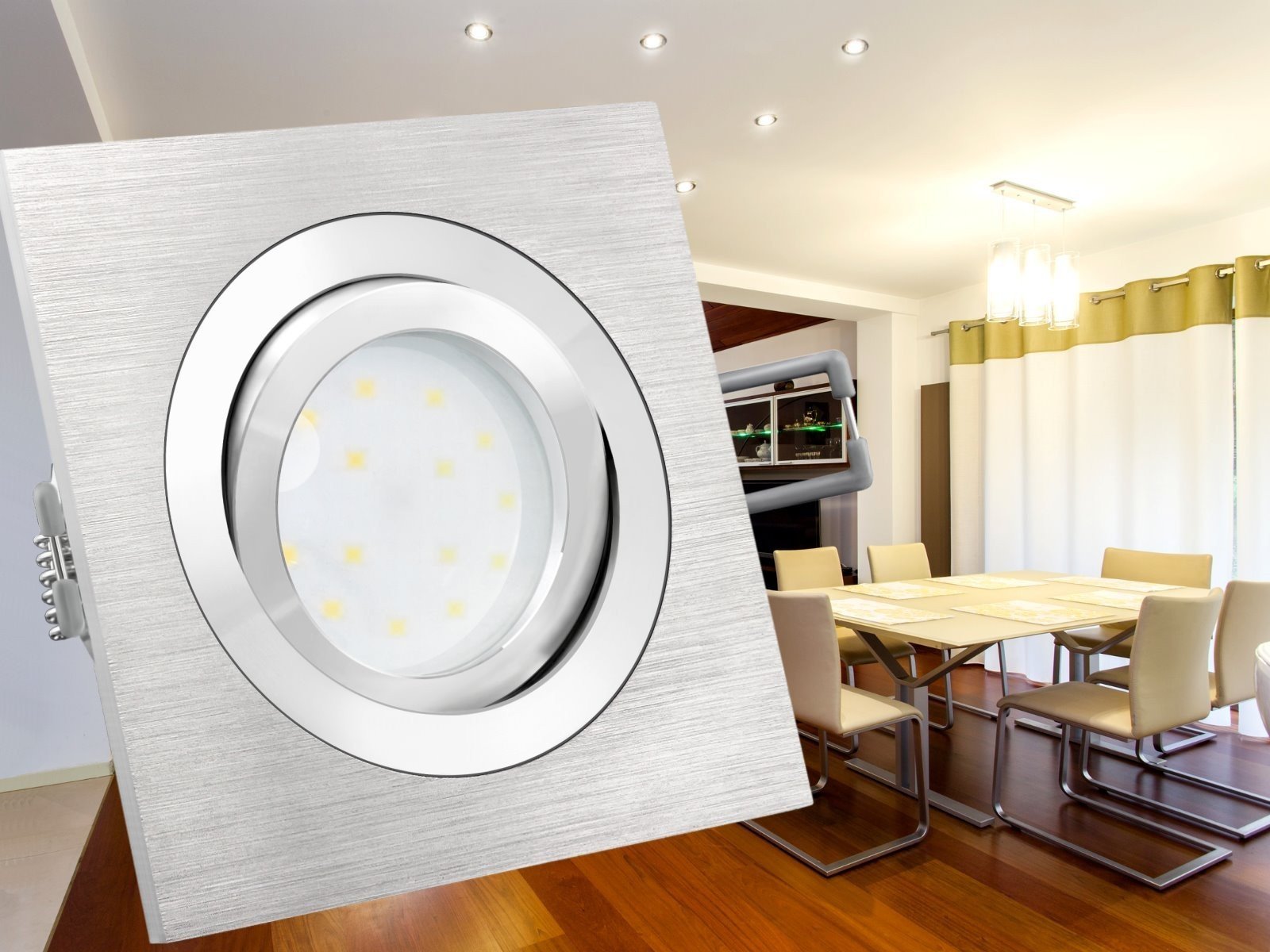 SSC-LUXon 6er Set LED Decken Einbaustrahler flach dimmbar 30mm - 3 Lichtfarben einstellbar - QF-2 eckig Alu gebürstet 230V 6W