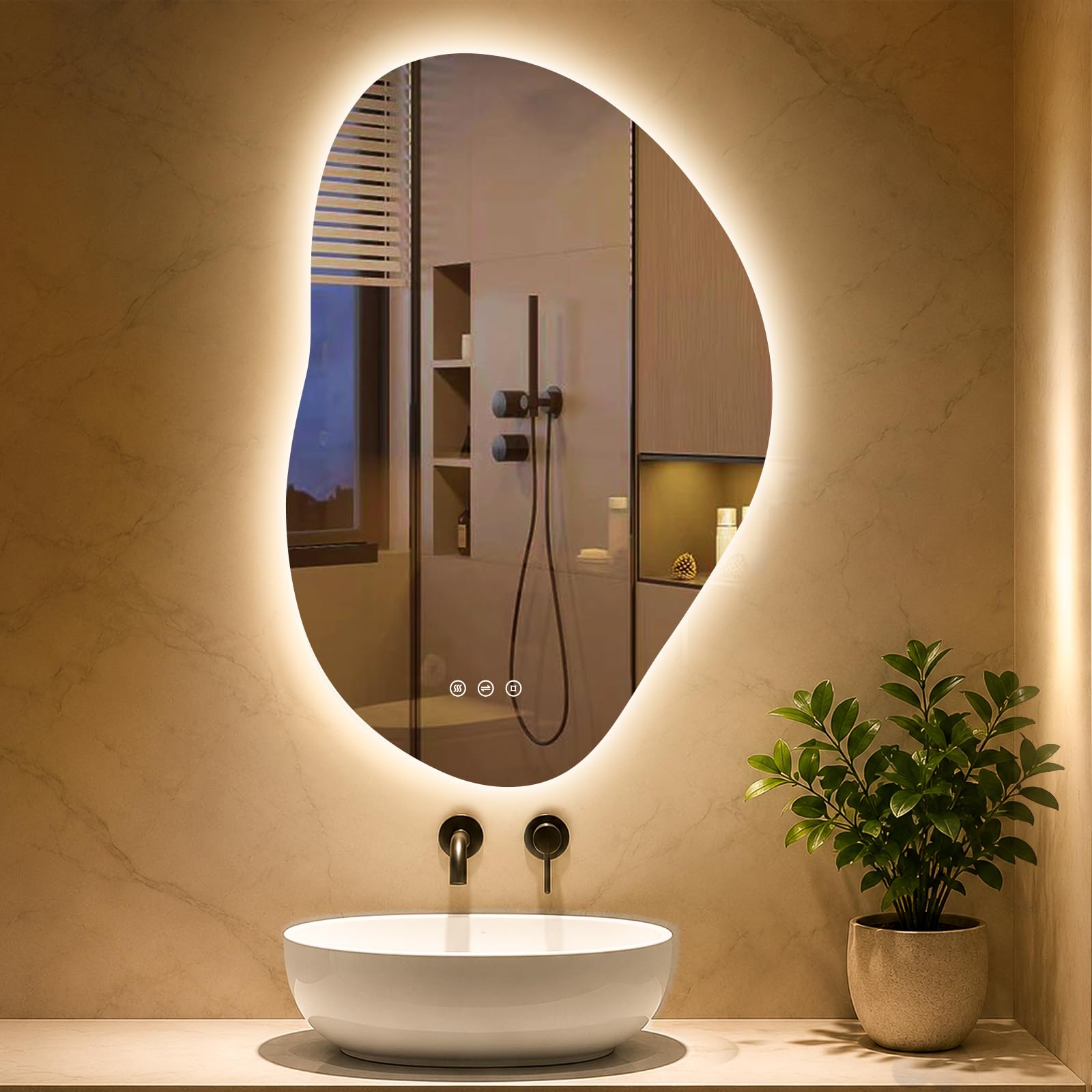 Spiegel mit Beleuchtung Asymmetrischer, LED Badspiegel mit Touch-Schalter, 3 Lichtfarbe, Dimmbar, Beschlagfrei Badezimmerspiegel mit Beleuchtung 80x 53cm