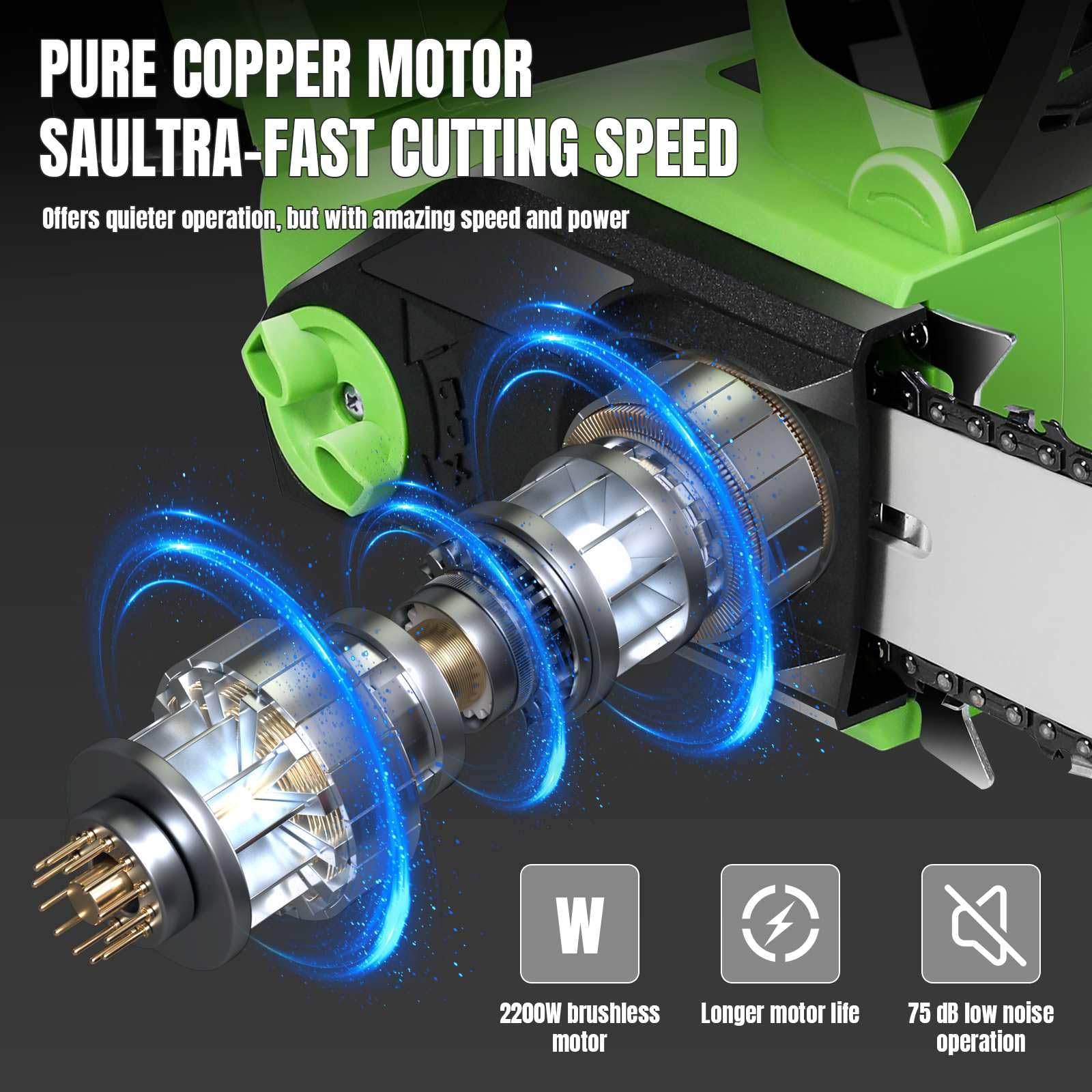 Motosierra de Batería 16 Pulgadas,Motosierra Eléctrica 2200W,indicador de potencia LED,3150 m/min,con 2 baterías de 4.0 Ah,Lubricación Automática de Aceite de Bomba, para Podar Árboles
