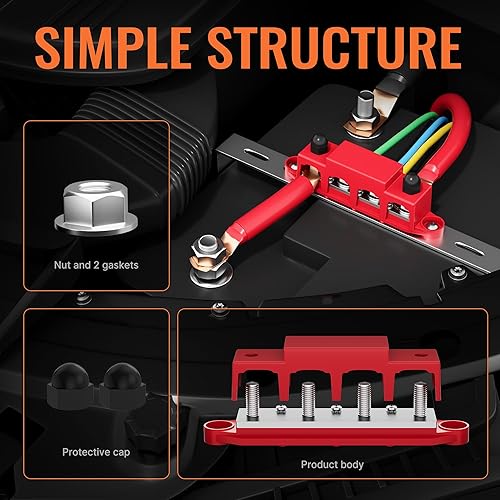 Miniatura 5 de Joinfworld Barra de autobús 12V 250A Bloque de distribución de energía 4 x 38 "Studs Barra de autobús marina Bloque de terminales de barra colectora