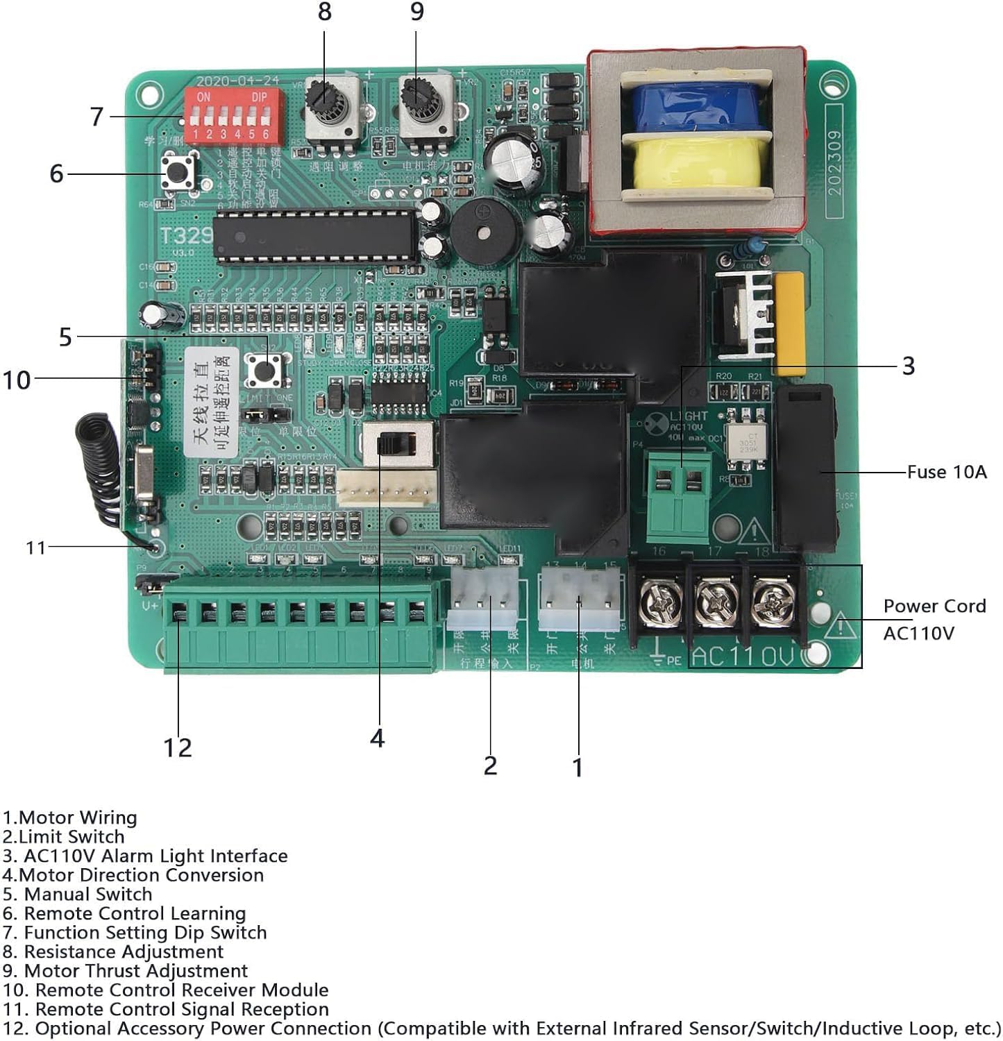 Universal Circuit Control Board for Sliding Gate Opener, Advanced Performance, Motor Adjustment Knob, Strong Sensitivity, Motor Force Adjustment (110V)