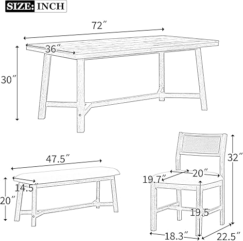 Miniatura 2 de Merax Juego de mesa de comedor retro de 6 piezas para 6, mesa rectangular de madera estilo granja con banco acolchado y cuatro sillas tapizadas y