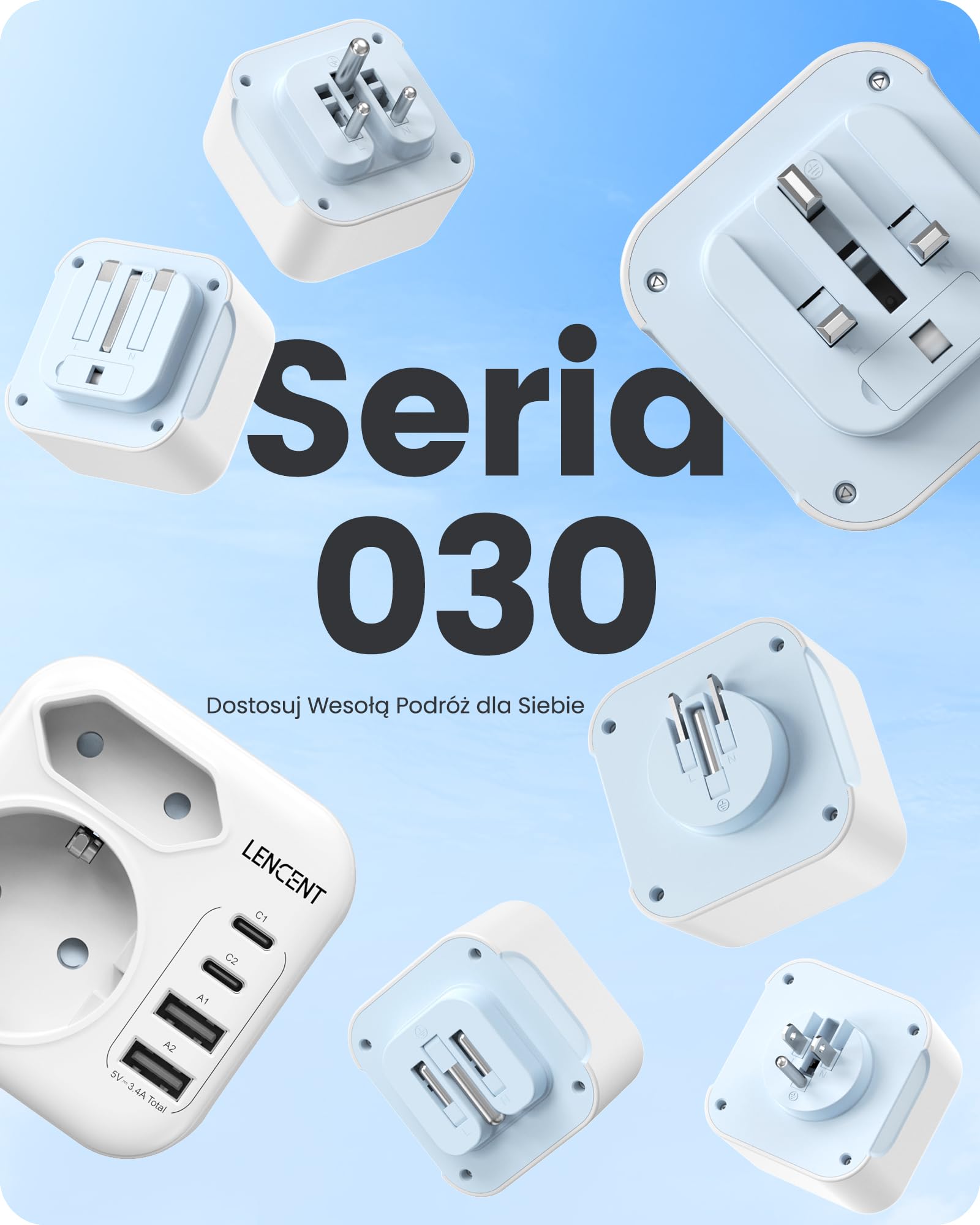 LENCENT Adapter Podróżny UK Niemcy, Adapter Typu G, Składana | Wtyczka Podróżna z 2 Portami USB-C&2 USB-A, EU Schuko na UK dla Anglii, Wielkiej Brytanii, Szkocji, Irlandii, Malediwów
