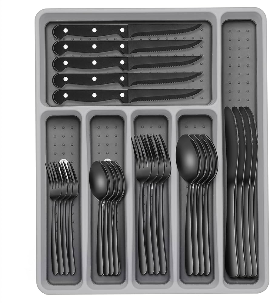49-Piece Black Silverware Set with Organizer, Heavy Duty Stainless Steel Black Flatware for 8, Cutlery Utensil Sets with Steak Knives, Rust-proof, Mirror Polished, Dishwasher Safe