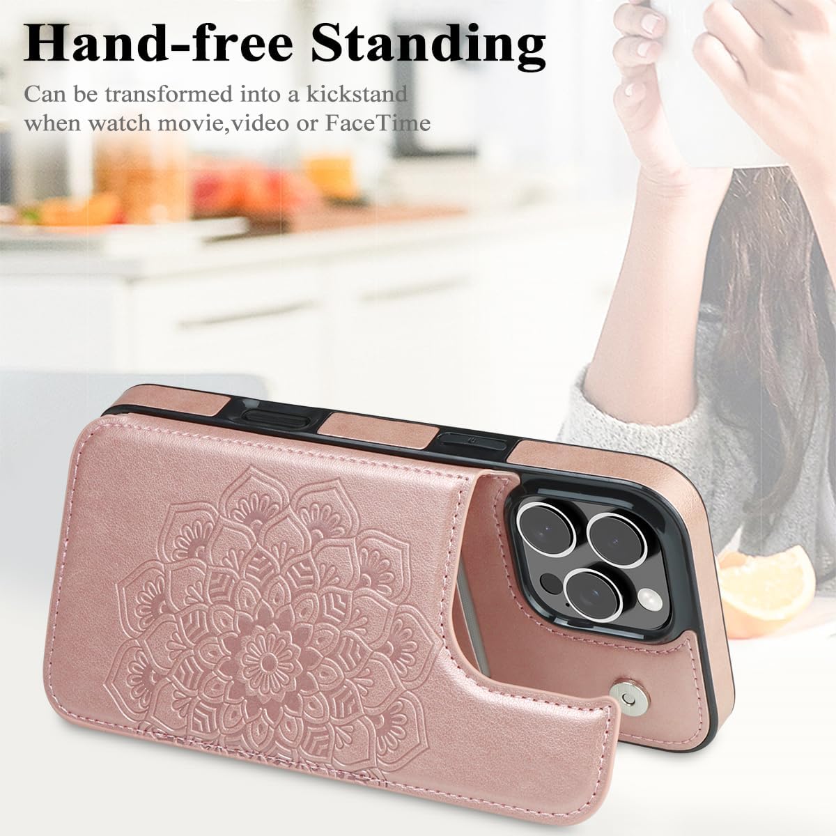 MMHUO for iPhone 16 Pro Max Case with Card Holder, Flower Magnetic Clasp Flip Case for iPhone 16 Pro Max Wallet Case for Women, Protective Case Phone Case for iPhone 16 Pro Max (6.9 Inch),Rose Gold - Image 5