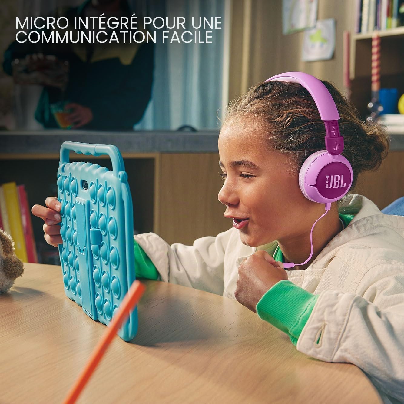 JBL Junior 320, Casque Supra-auriculaire Filaire pour Enfants, avec Microphone intégré, Safe Sound, Volume jusqu'à 85 DB, Coussinets Confortables, Set d'autocollants, Design Pliable, Bleu