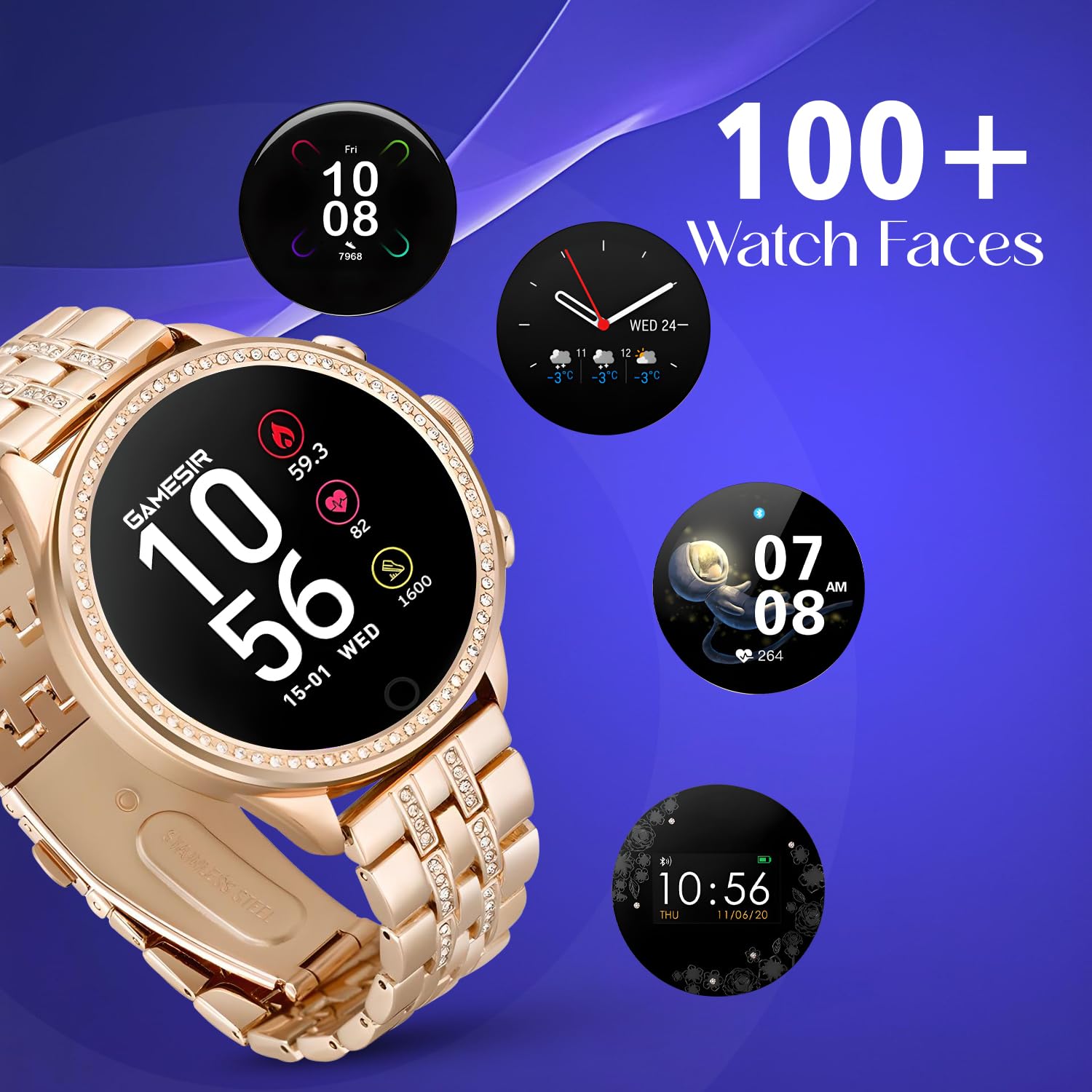 GameSir Premium Luxurious Gen 9 Smartwatch, HD Display Gold Metal Strap & Activity Tracker, Bluetooth Calling, Customizable Watch Faces, Water Resistant Smartwatch for Women & Girls(Rose Gold) 1