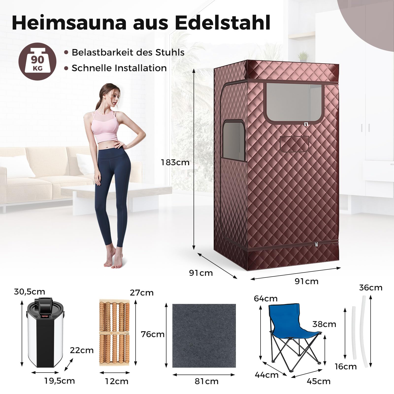 COSTWAY Dampfsauna Heimsauna für Zuhause, Ganzkörpersaunabox mit 3-Liter-Dampfgenerator, Fernbedienung, Fußmassagegerät & Klappstuhl, tragbare Saunazelt 91 x 91 x 183 cm (braun)