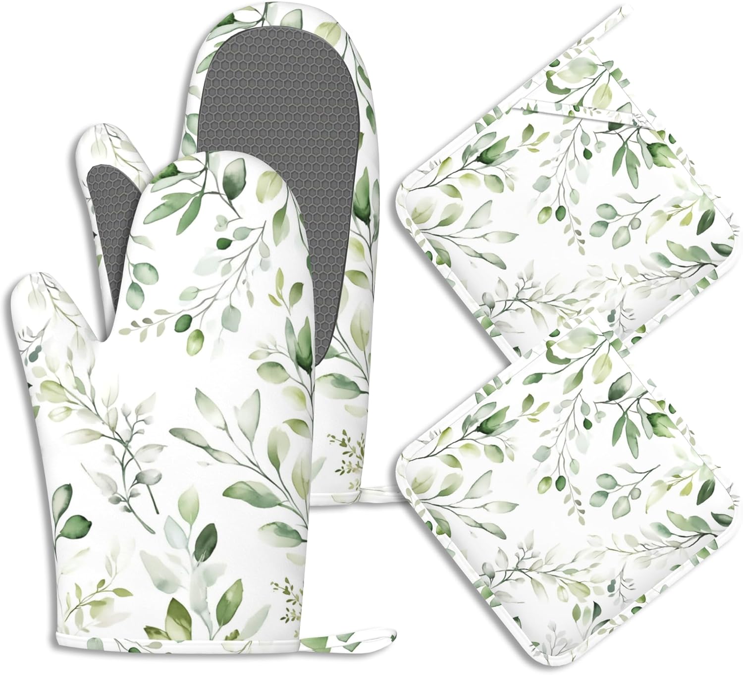Sage Green Eucalyptus Oven Mitts and Pot Holders Watercolor Leaves Silicone Kitchen Accessories Set of 4 Heat Resistant Non-Slip Long Gloves Potholder for Chef Cooking Baking Gifts Women Men