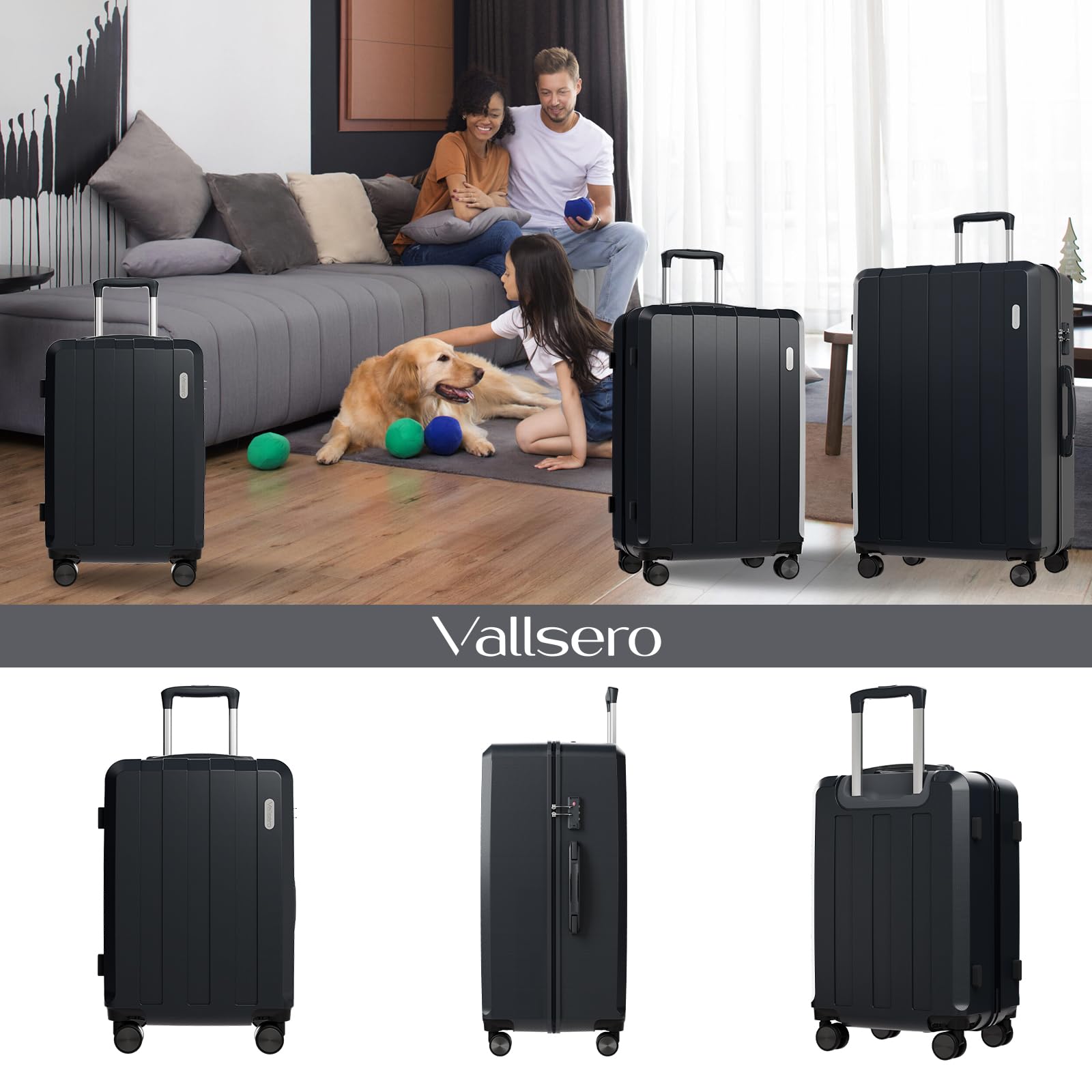 Set Valigie, Valigia, Set di 5 Valigie, Rotelle Girevoli 360°, Maniglia Telescopica Regolabile, Materiale ABS, Borsone da Viaggio Espandibile per Palestra e Borsa da Toilette (Dark)