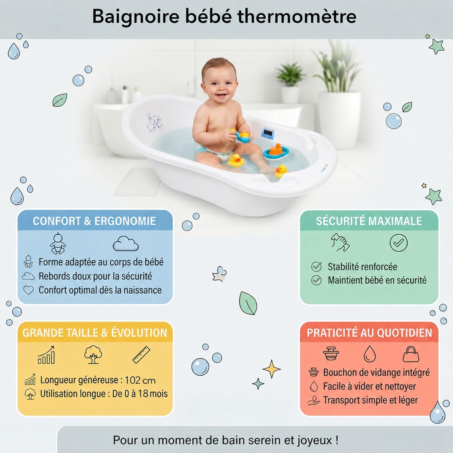 Bañera para bebé con termómetro blanco blanco Talla:102 cm