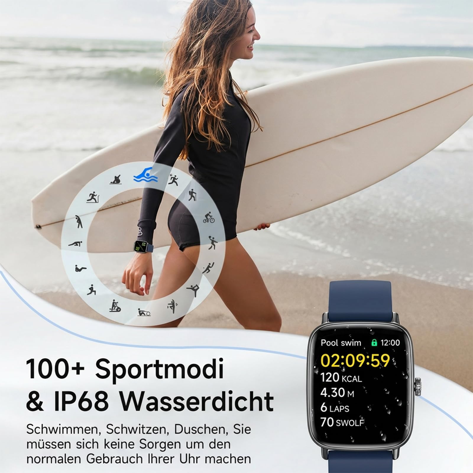 Montre Connectée Homme Femme,1.85" Smartwatch Femme avec Appel Bluetooth,Montre Intelligente pour iOS/Samsung/Android,120+ Modes Sport/Fréquence Cardiaque/Sommeil/SpO2,étanche IP68 Fitness Podomètre