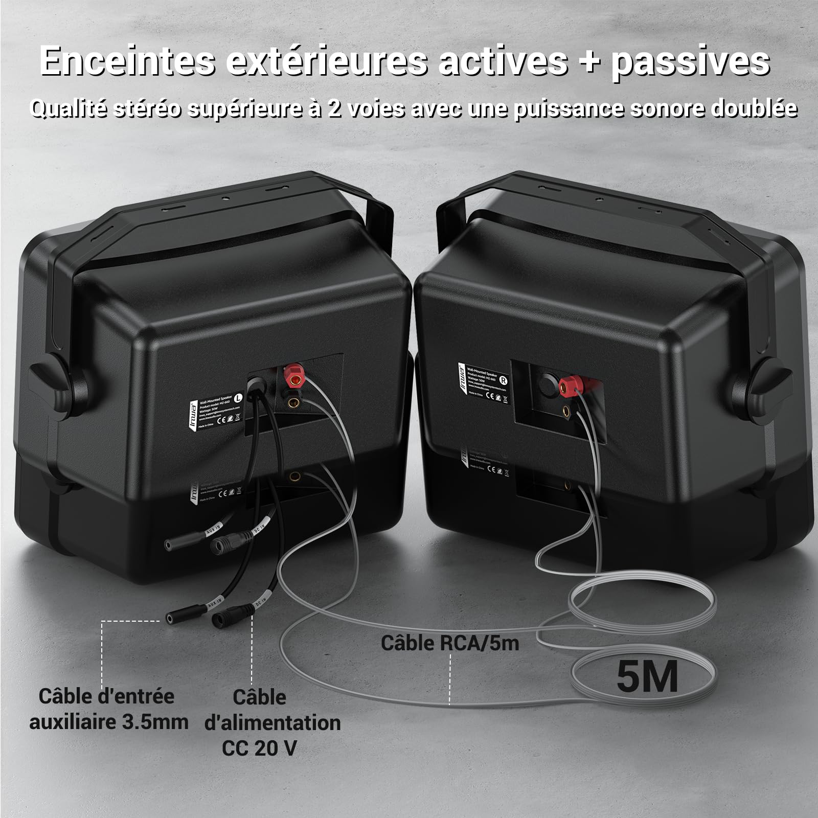 Inwa Enceinte Bluetooth 500 W - Support mural actif / passif - IPX5 - Sans fil - Stéréo - Aux - Pour l'intérieur et l'extérieur couvert - Paire - MZ660 - RMS 50 W