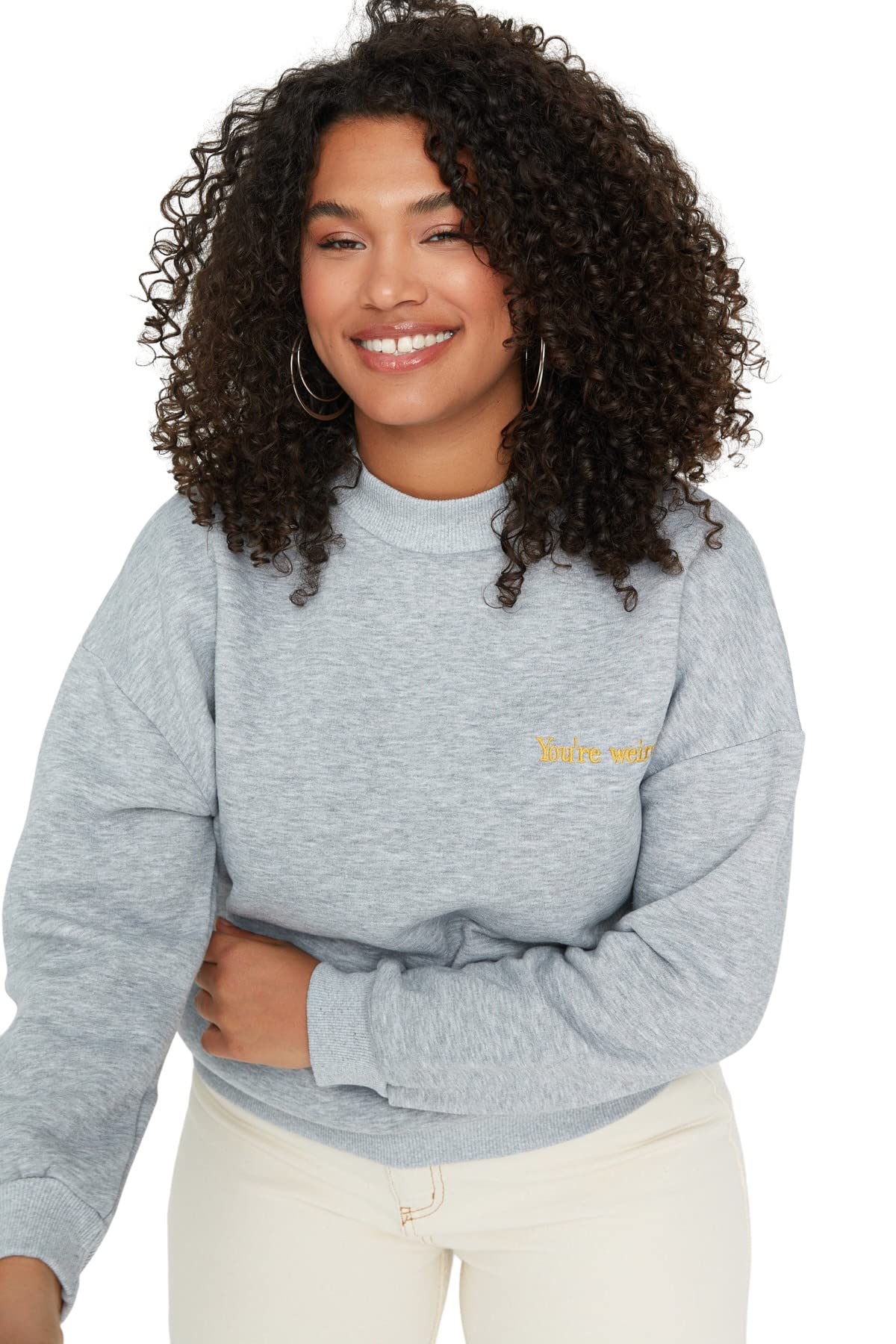 Trendyol Women Plus Size Regular Basic Crew neck Knit Plus Size Sweatshirt Gray