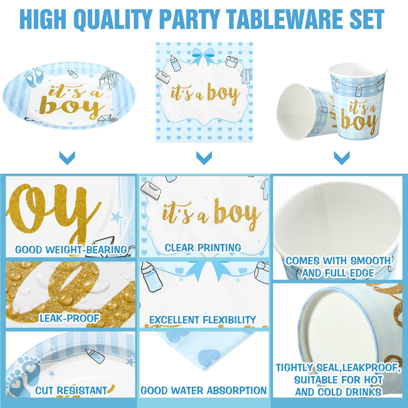 Lot de 200 assiettes en papier jetables bleues pour fête prénatale pour 50 invités garçons décoration de fête printanière